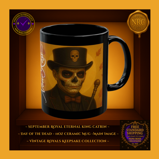 September Catrin Mug 11oz featuring regal sugar-skull gentleman in brown top hat with skull pin and golden bow tie on amber background | Noni Ross Creations