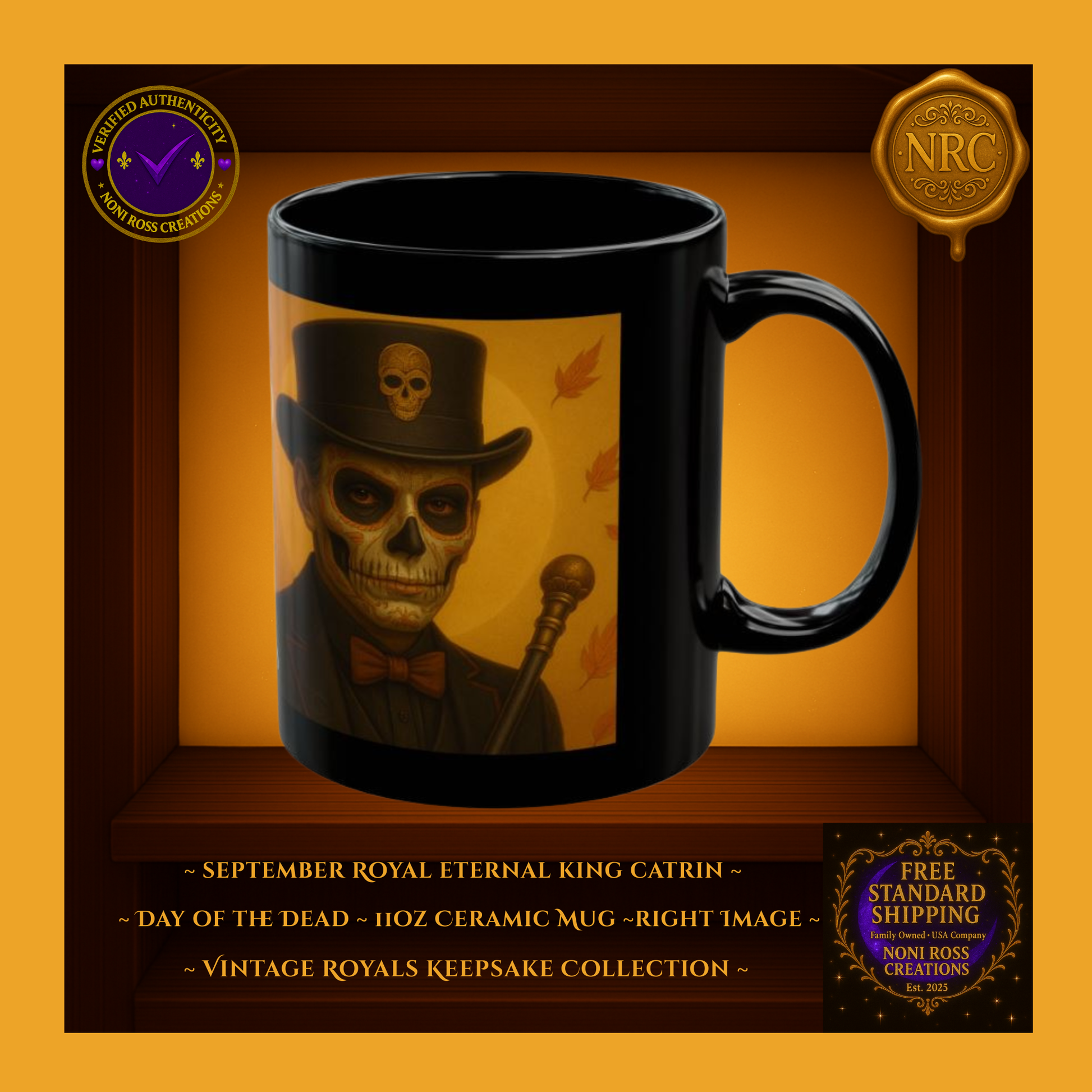 Right side of September Catrin Mug with falling leaves and soft golden lighting | Noni Ross Creations