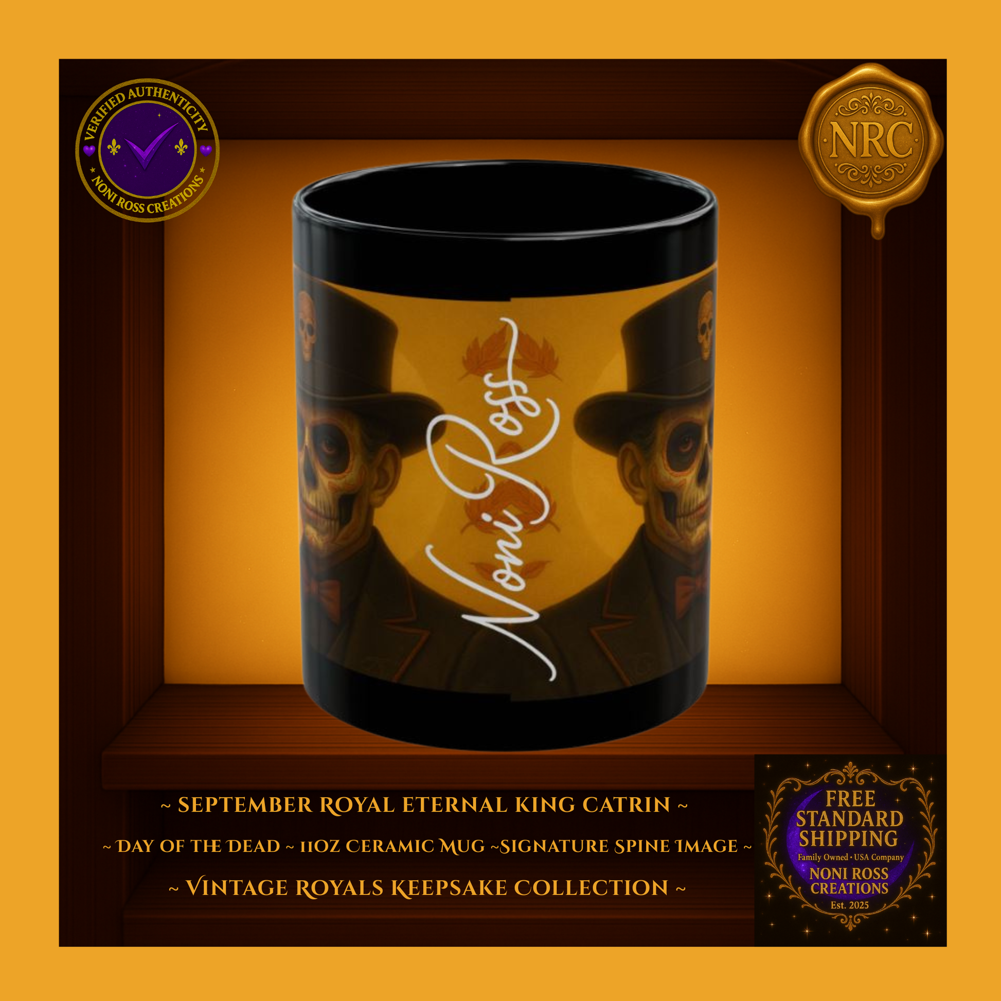 Side profile of September Catrin Mug featuring artist signature ‘Noni Ross’ along the artwork spine | Vintage Royals Keepsake Collection