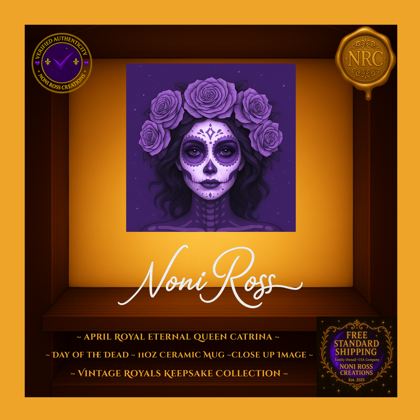 Close-up of April Queen Catrina face with jeweled tiara, lace collar, and soft silver highlights—vintage royal art