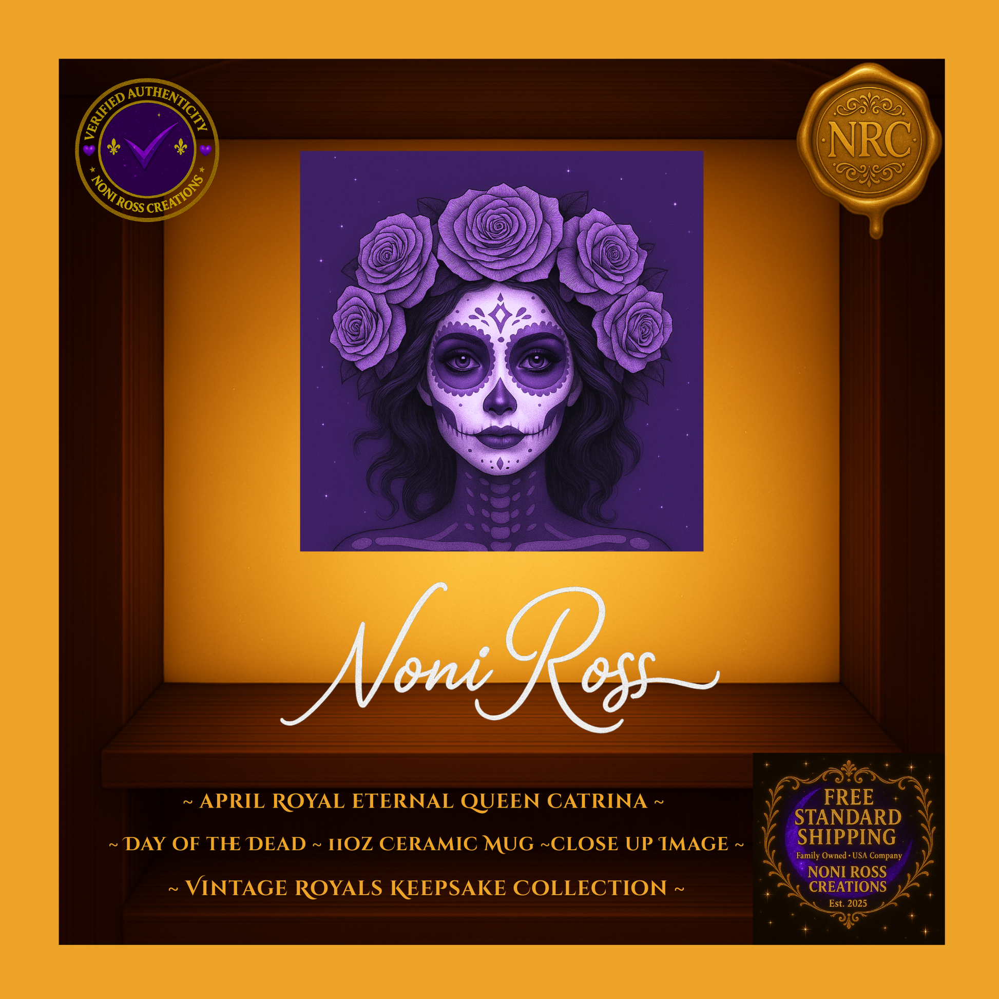 Close-up of April Queen Catrina face with jeweled tiara, lace collar, and soft silver highlights—vintage royal art