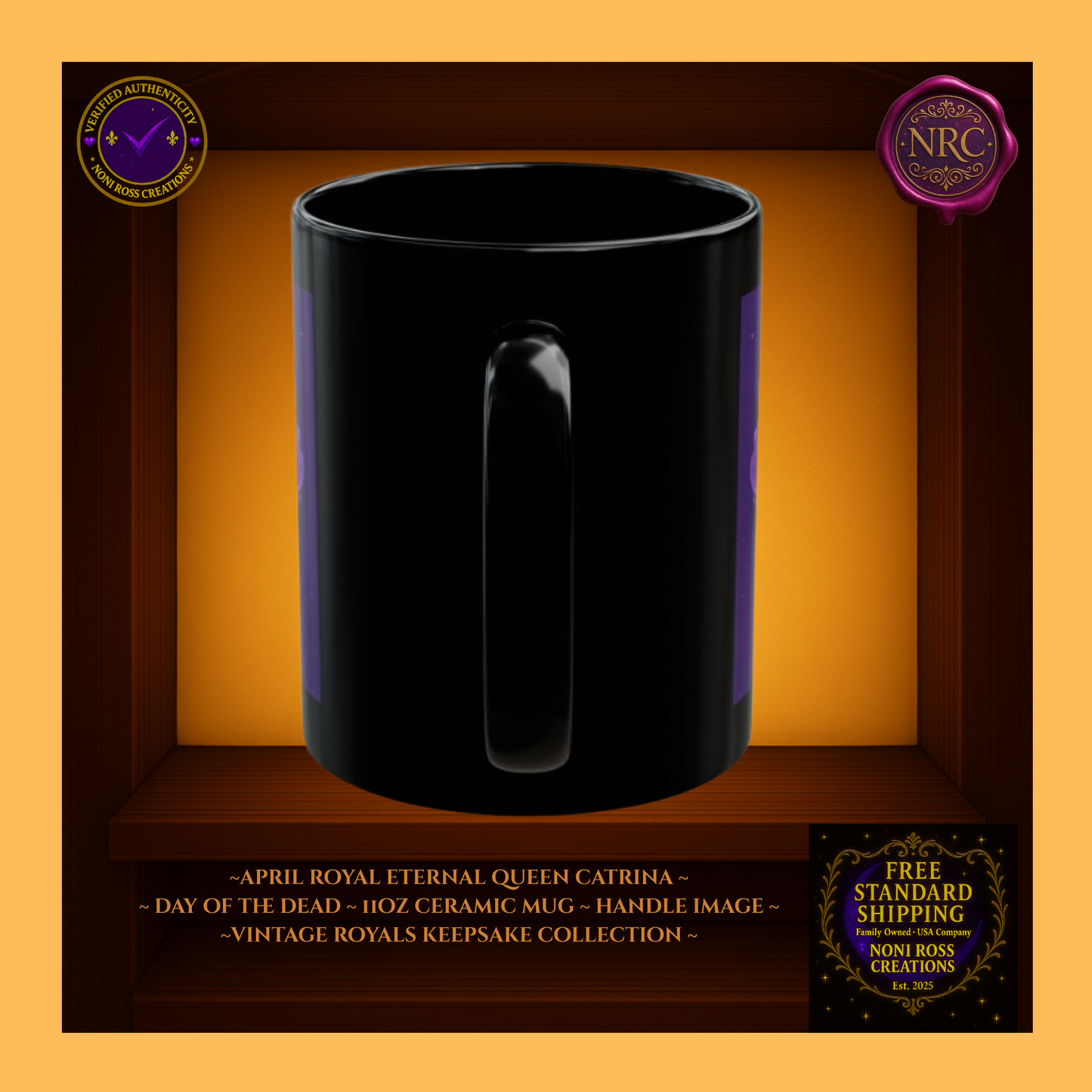 Handle detail—porcelain white interior with sky-blue and silver artwork edging, 11 oz ceramic mug