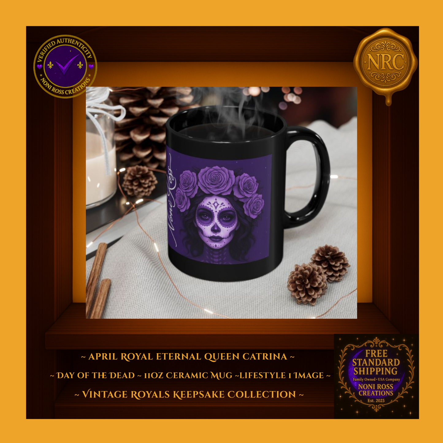 April Queen Catrina Mug beside flowers and book—royal spring ritual | 💙 Noni Ross Creations