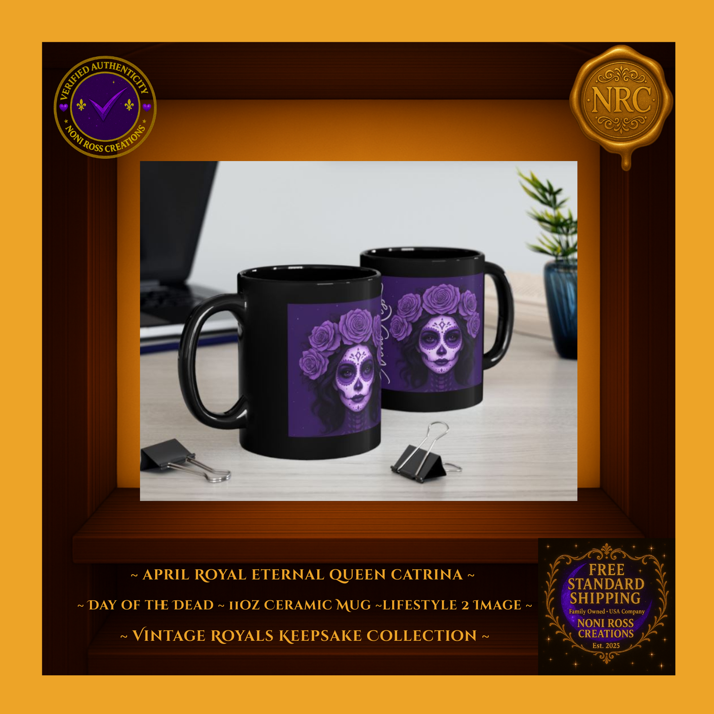 Cozy scene—Eternal Queen Catrina Mug near pastry and scarf; pastel blue and silver palette