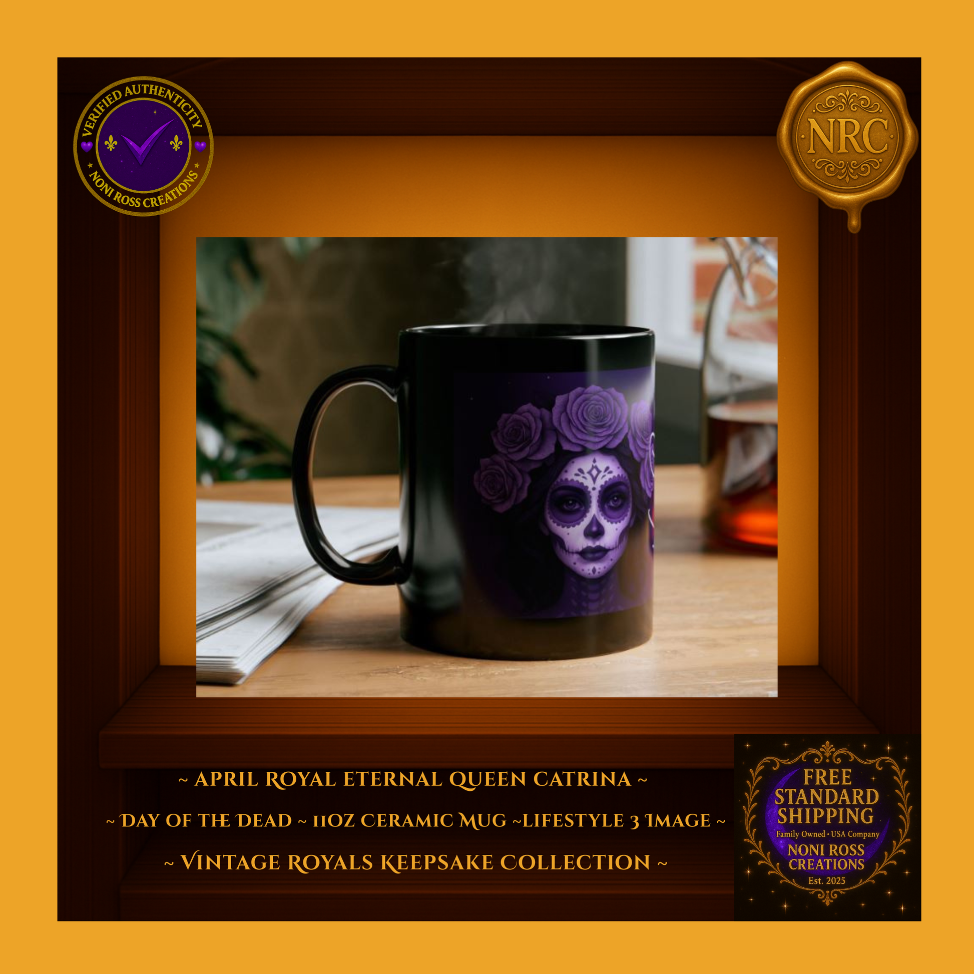 Collector display—April Queen Catrina Mug paired with matching King Catrin Mug | 💙 NoniRossCreations.com