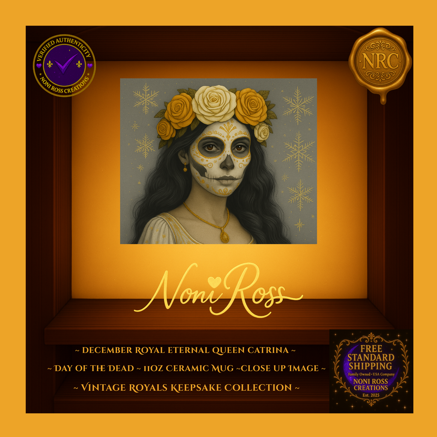 Close-up of December Queen Catrina face with crystal crown and frosted details — vintage royal portrait art