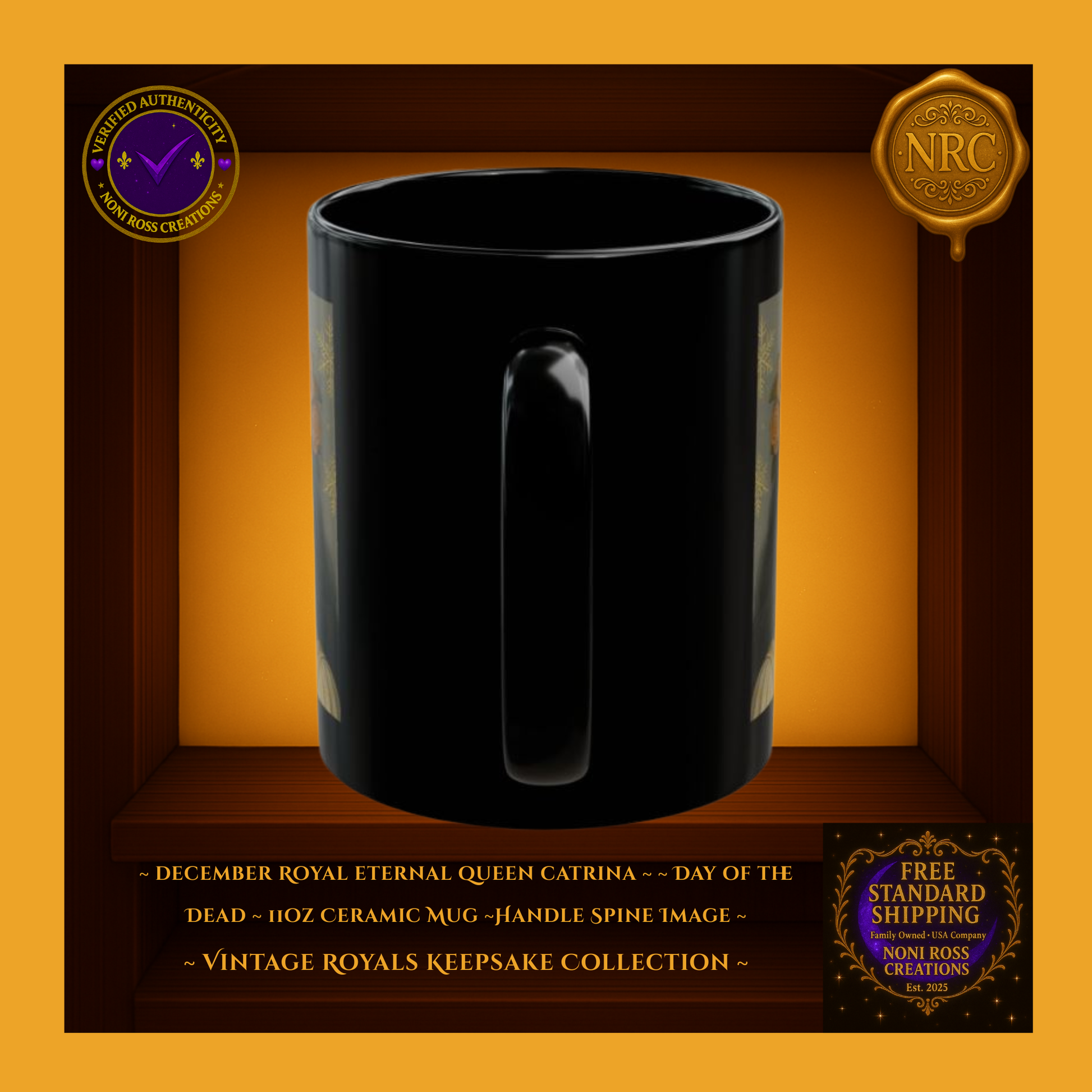Handle side of December Catrina 11oz mug with glossy black finish and golden hue reflections | Noni Ross Creations