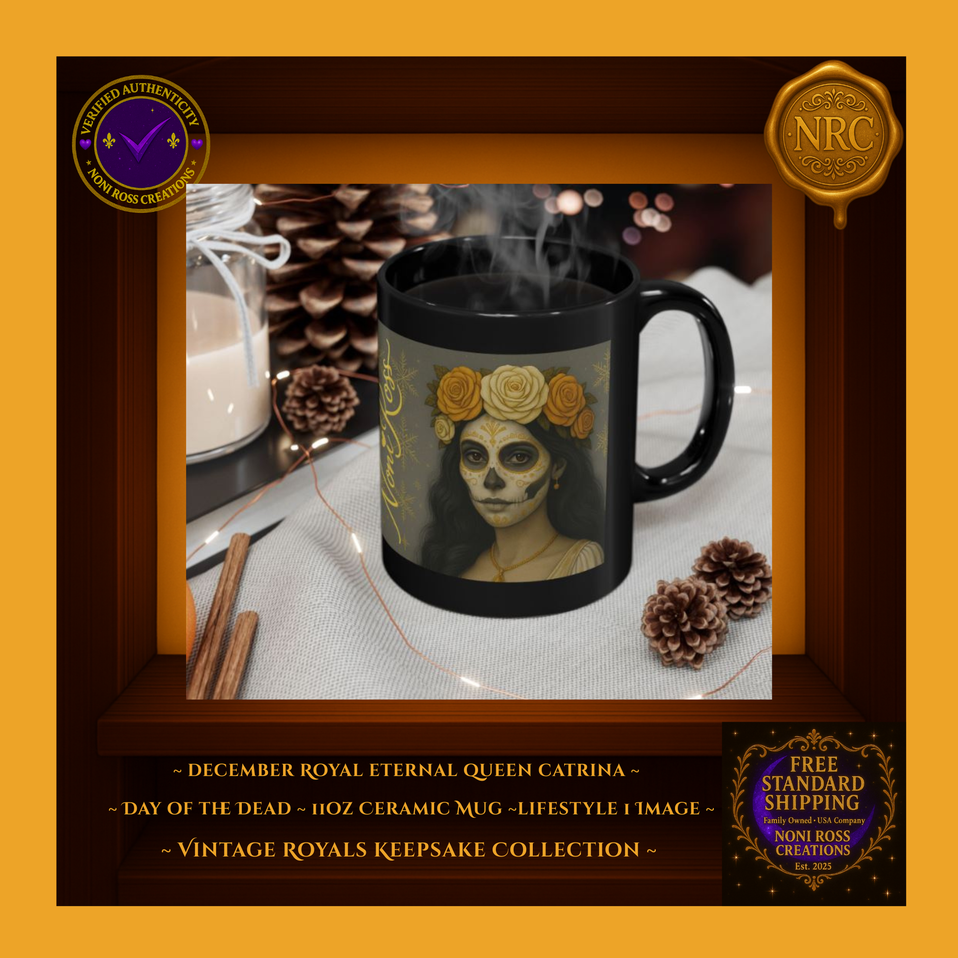 December Catrina Mug beside candles and pine accents in a winter holiday setting | Noni Ross Creations