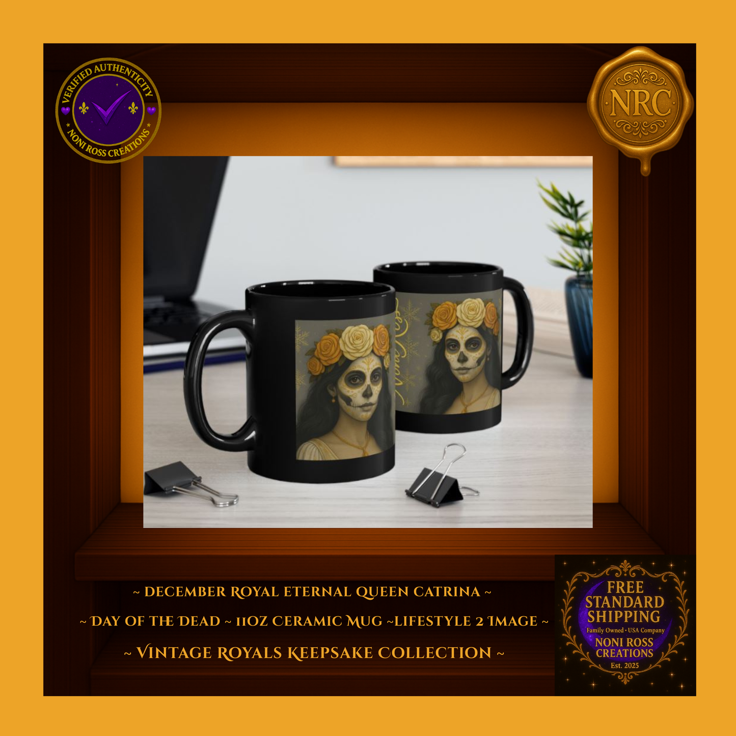 December Catrina Mug on wooden table with cozy golden lighting and hot cocoa | Noni Ross Creations