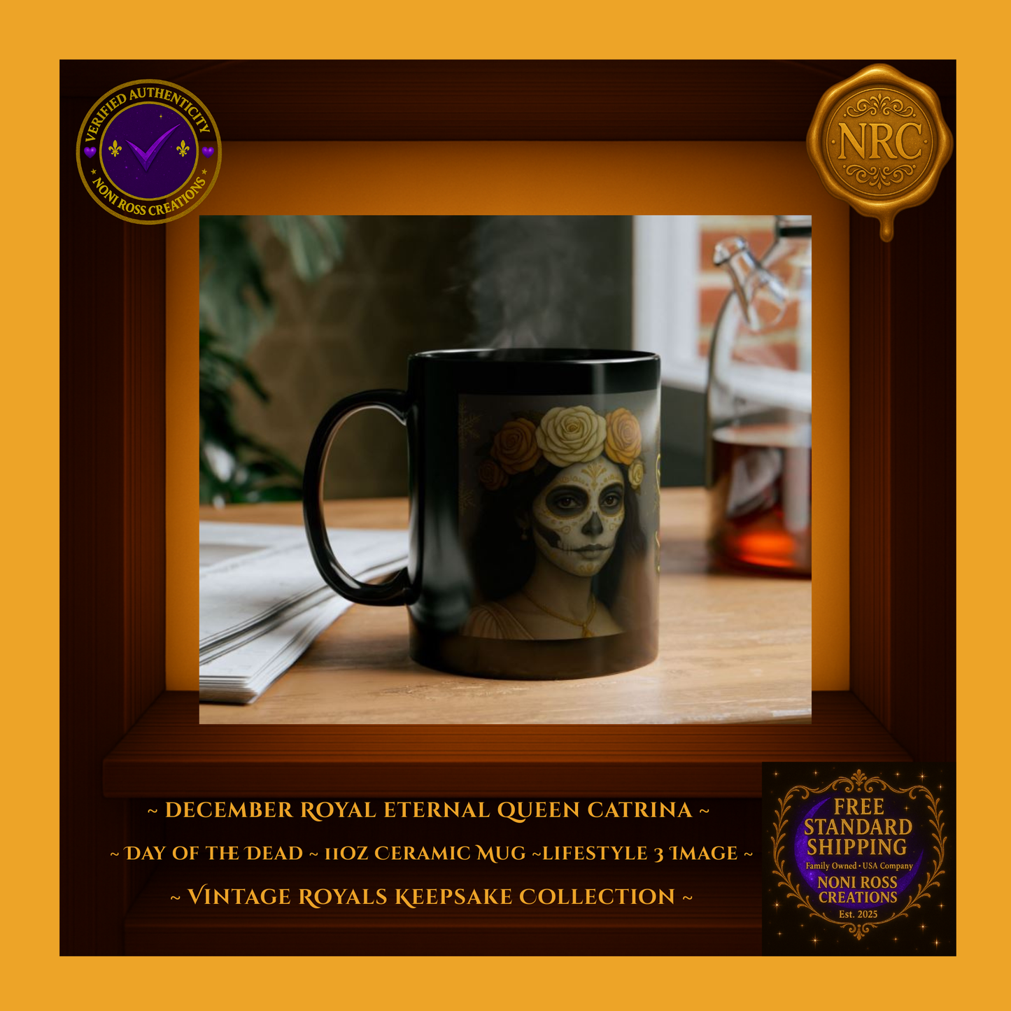 December Catrina Mug displayed with December Catrin Mug as matching royal couple set | Noni Ross Creations