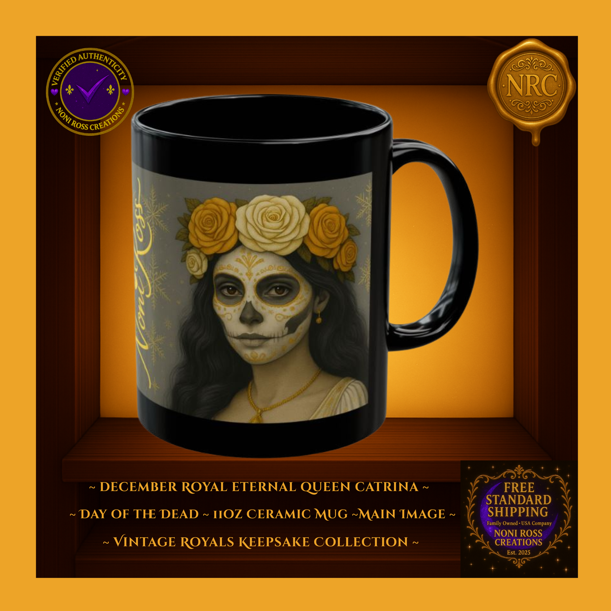 December Catrina Mug 11oz featuring elegant sugar-skull queen with golden roses and winter snowflake background | Noni Ross Creations