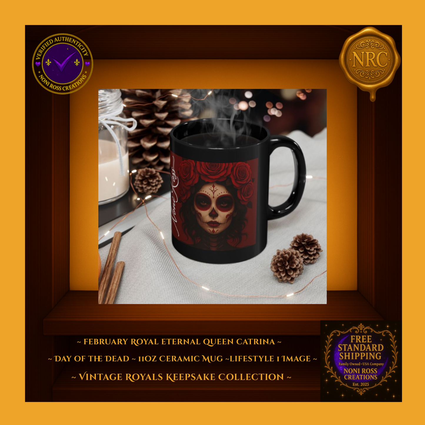 February Catrina Mug beside red roses and candles—romantic gothic Valentine setting | Noni Ross Creations