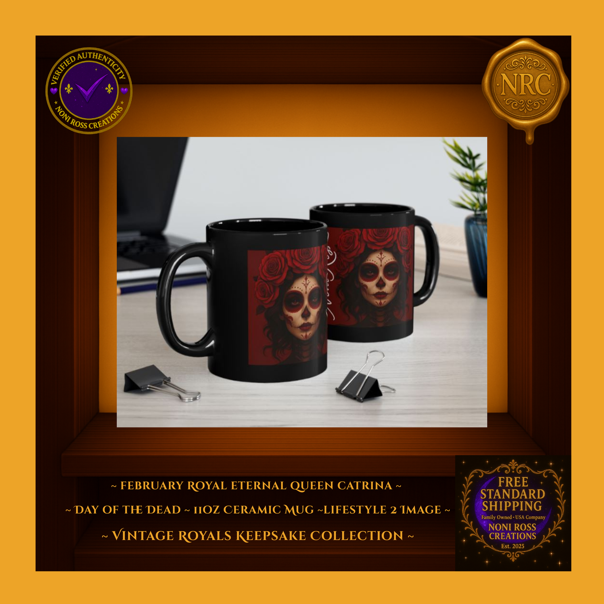 February Catrina Mug on table with warm candlelight and open book—dark romantic mood | Noni Ross Creations