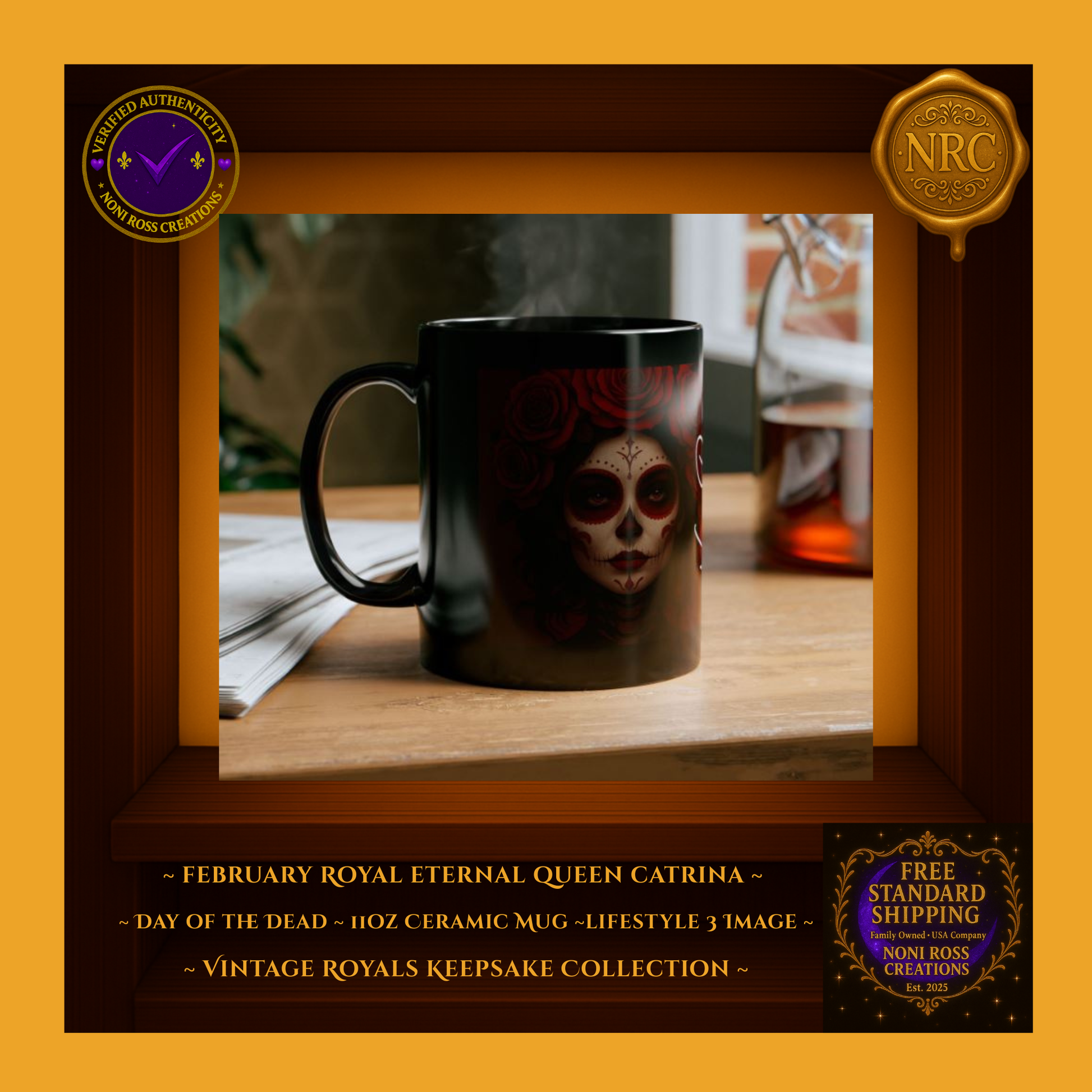 February Catrina Mug displayed with February Catrin Mug as matching royal couple set | Noni Ross Creations