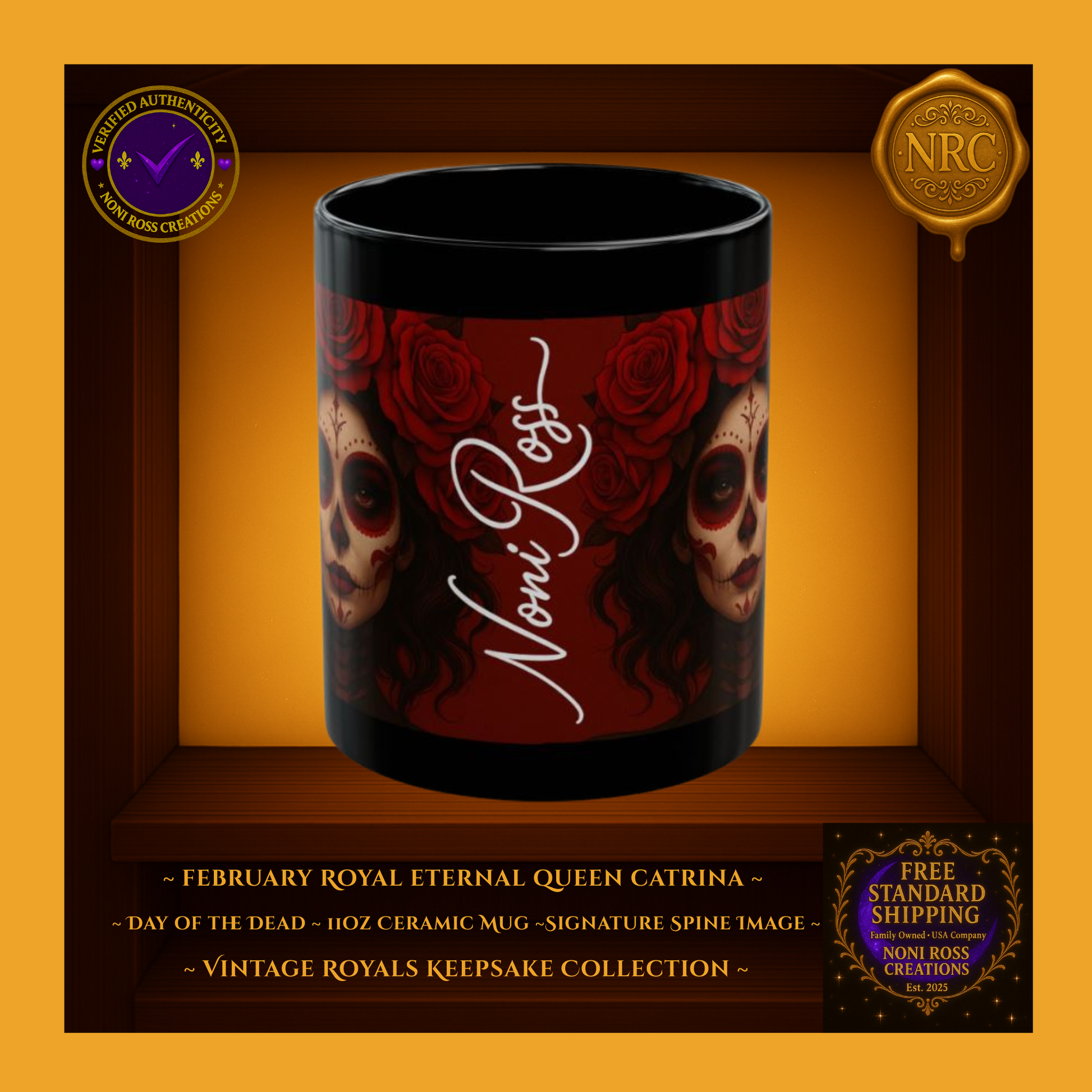 Side profile of February Catrina Mug featuring Noni Ross artist signature along the artwork spine | Vintage Royals Keepsake Collection