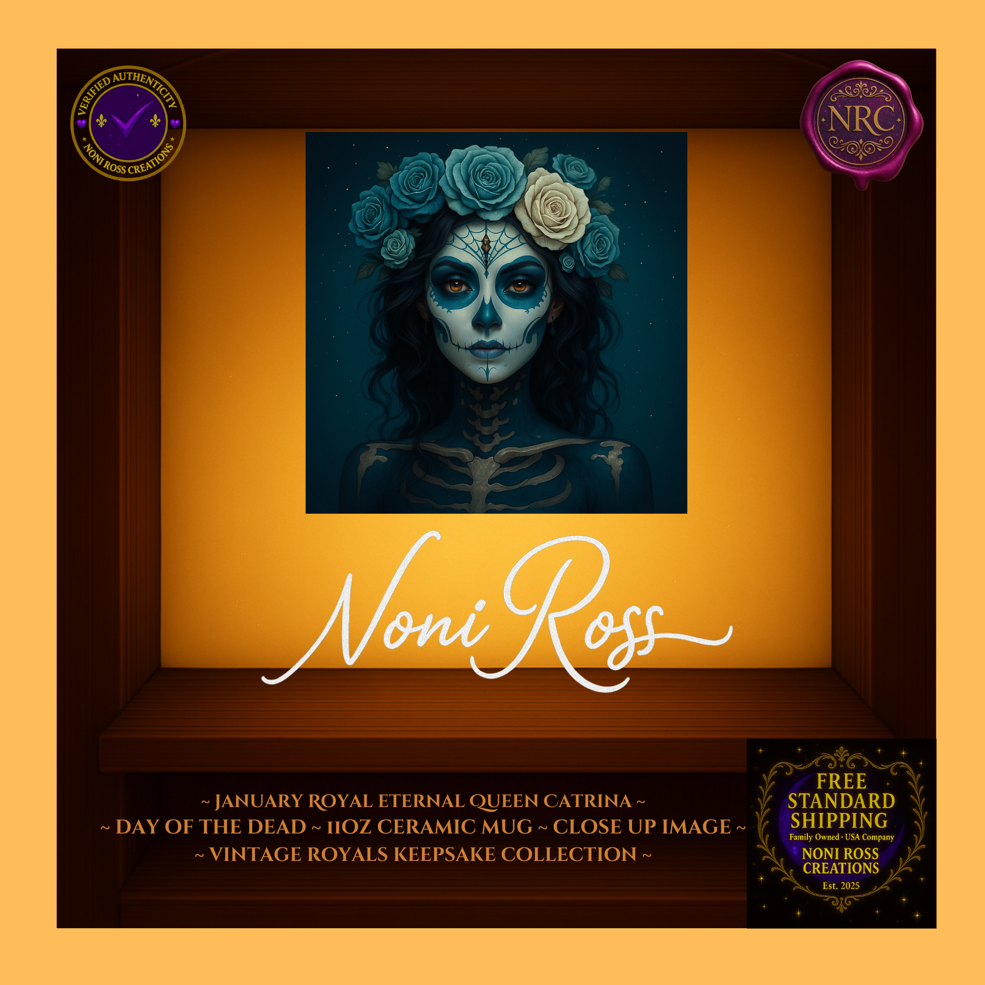 Close-up of Queen Catrina face, jeweled tiara, lace details and candlelight gold highlights—vintage royal styling