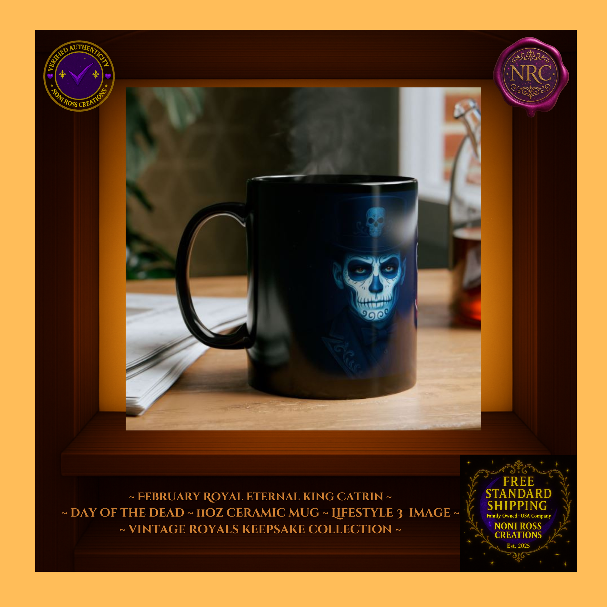 Breakfast setup—January Eternal King Catrin Mug with pastry and plate; collector series display | Vintage Royals Keepsake