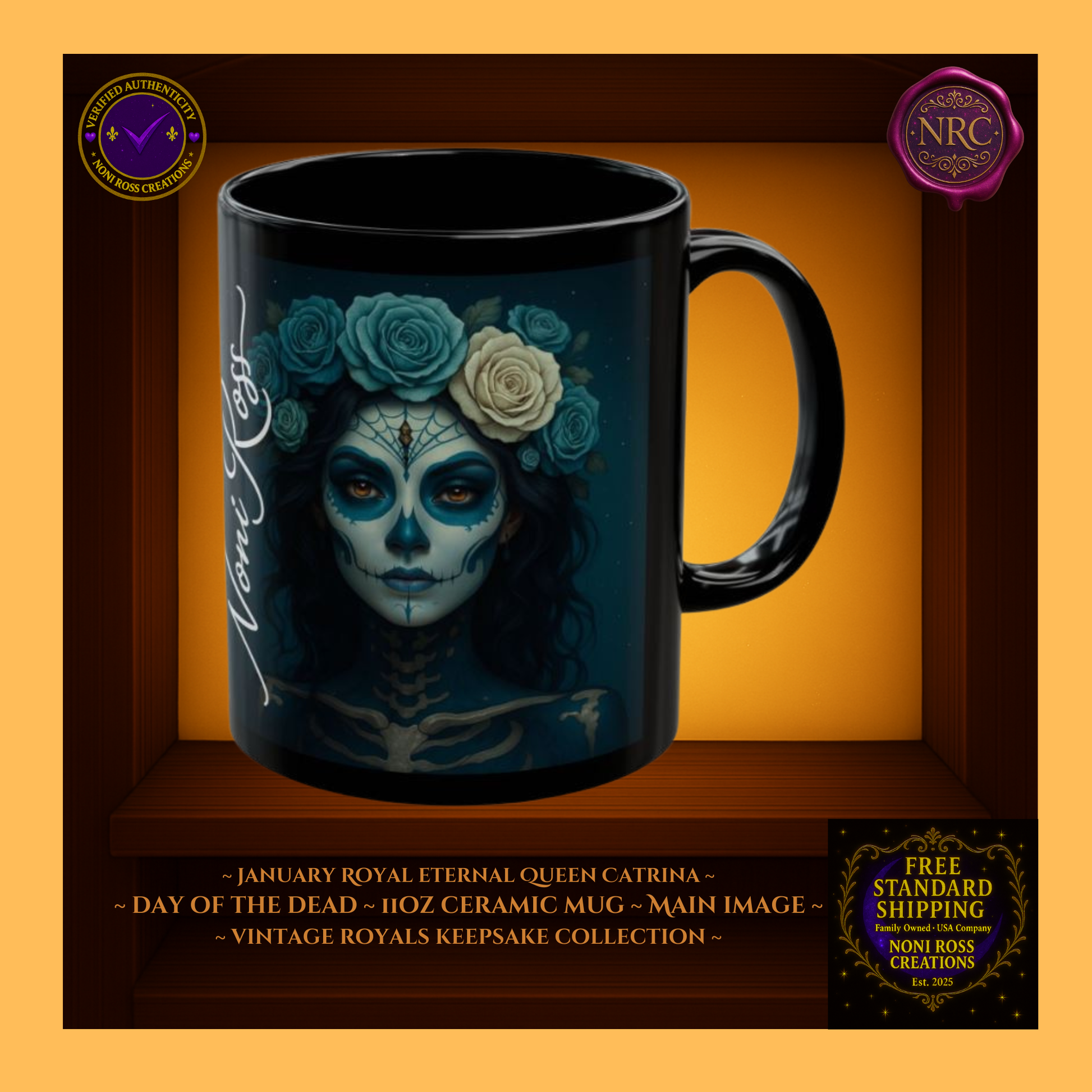 January Eternal Queen Catrina Mug 11oz in royal sapphire and antique silver—vintage gothic royal art | Noni Ross Creations