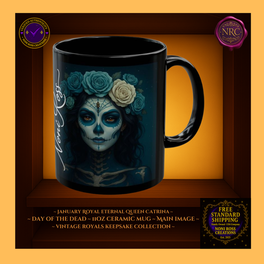 January Eternal Queen Catrina Mug 11oz in royal sapphire and antique silver—vintage gothic royal art | Noni Ross Creations