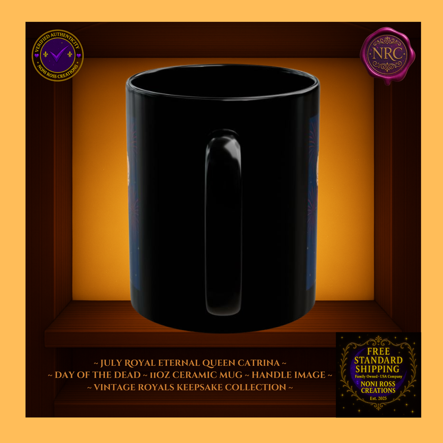 Handle detail—porcelain white interior with ruby and gold artwork trim, 11 oz ceramic mug