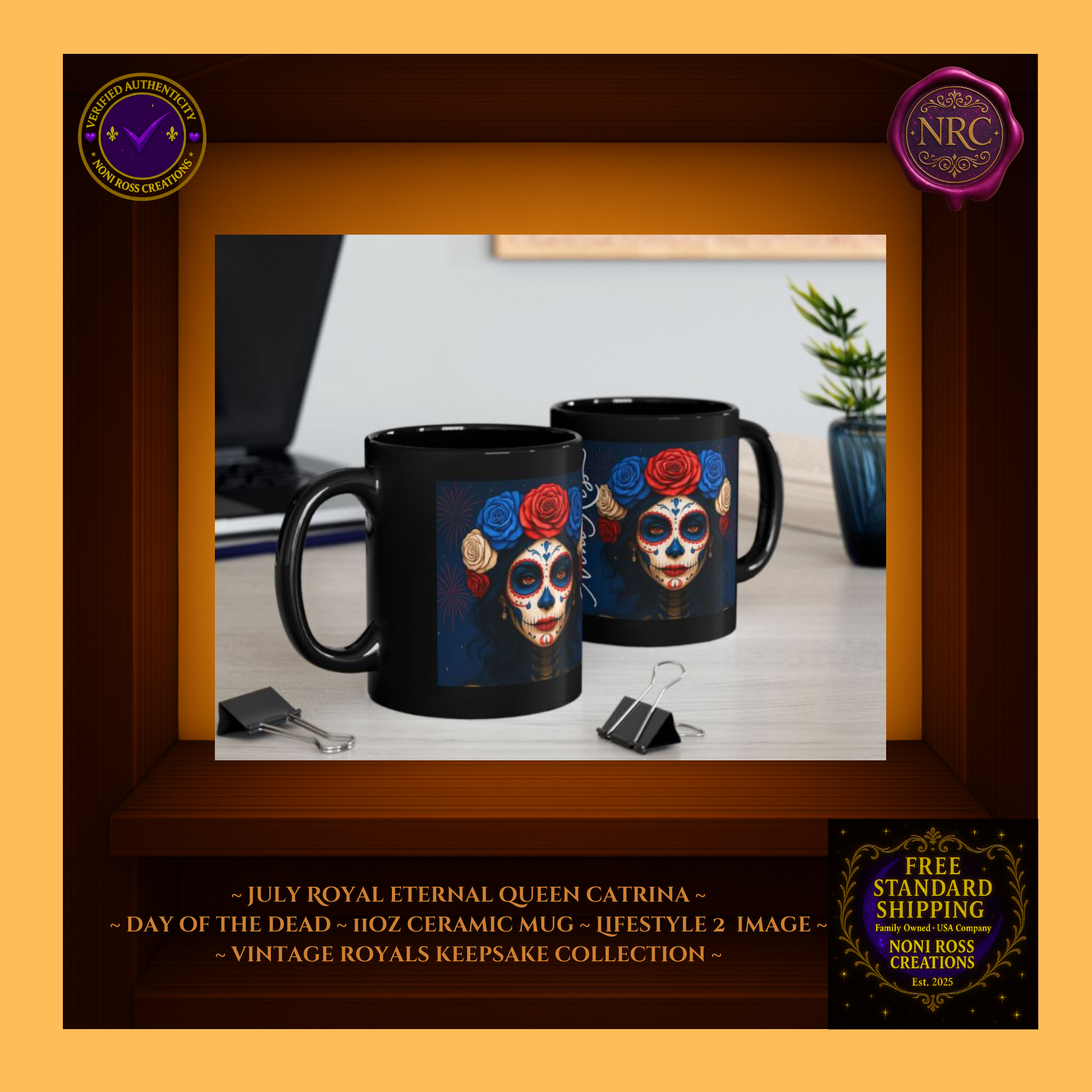 Cozy display—Eternal Queen Catrina Mug near pastry and book, red-white-blue palette