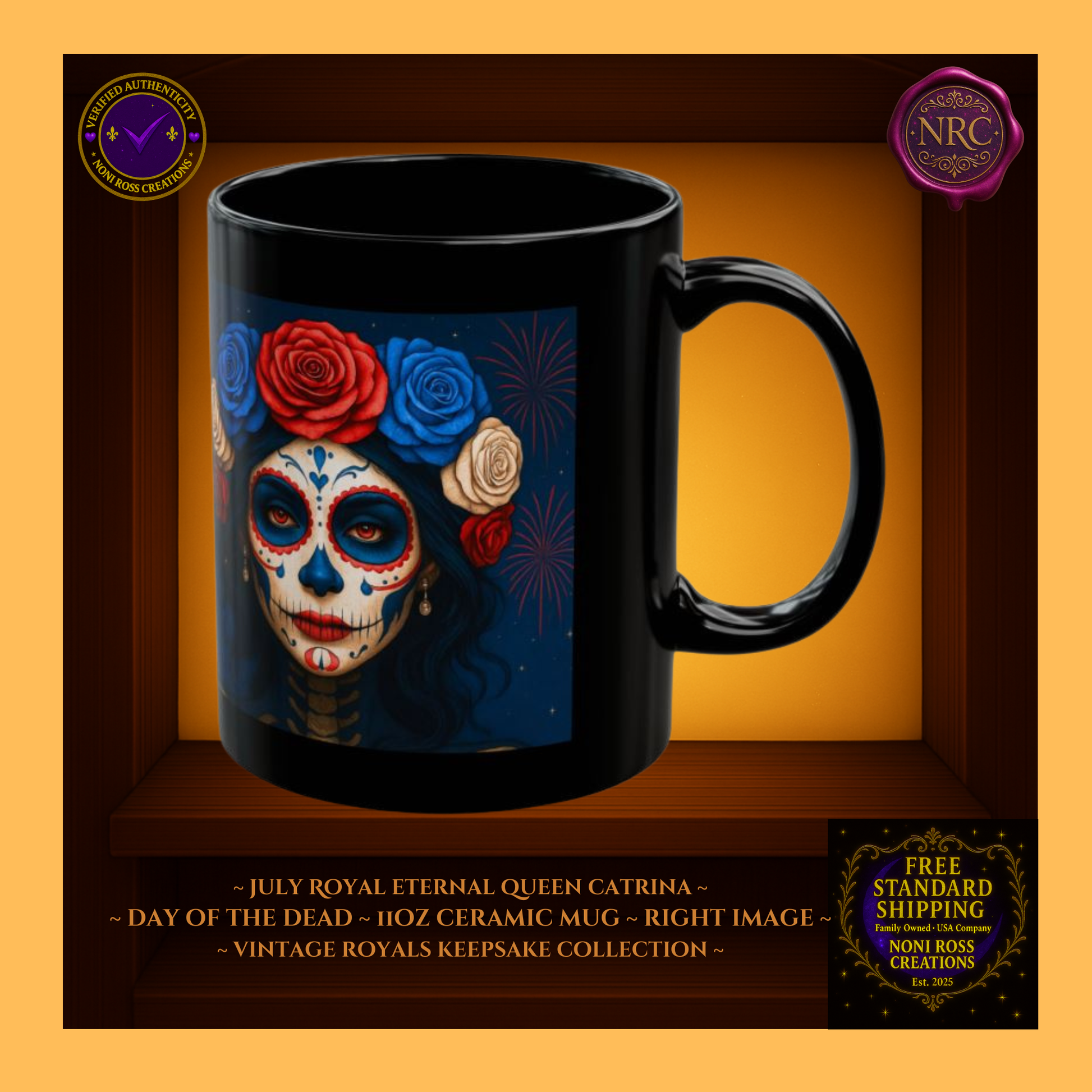 Right side—July Queen Catrina Mug with fireworks and pearl highlights | elegant royal art