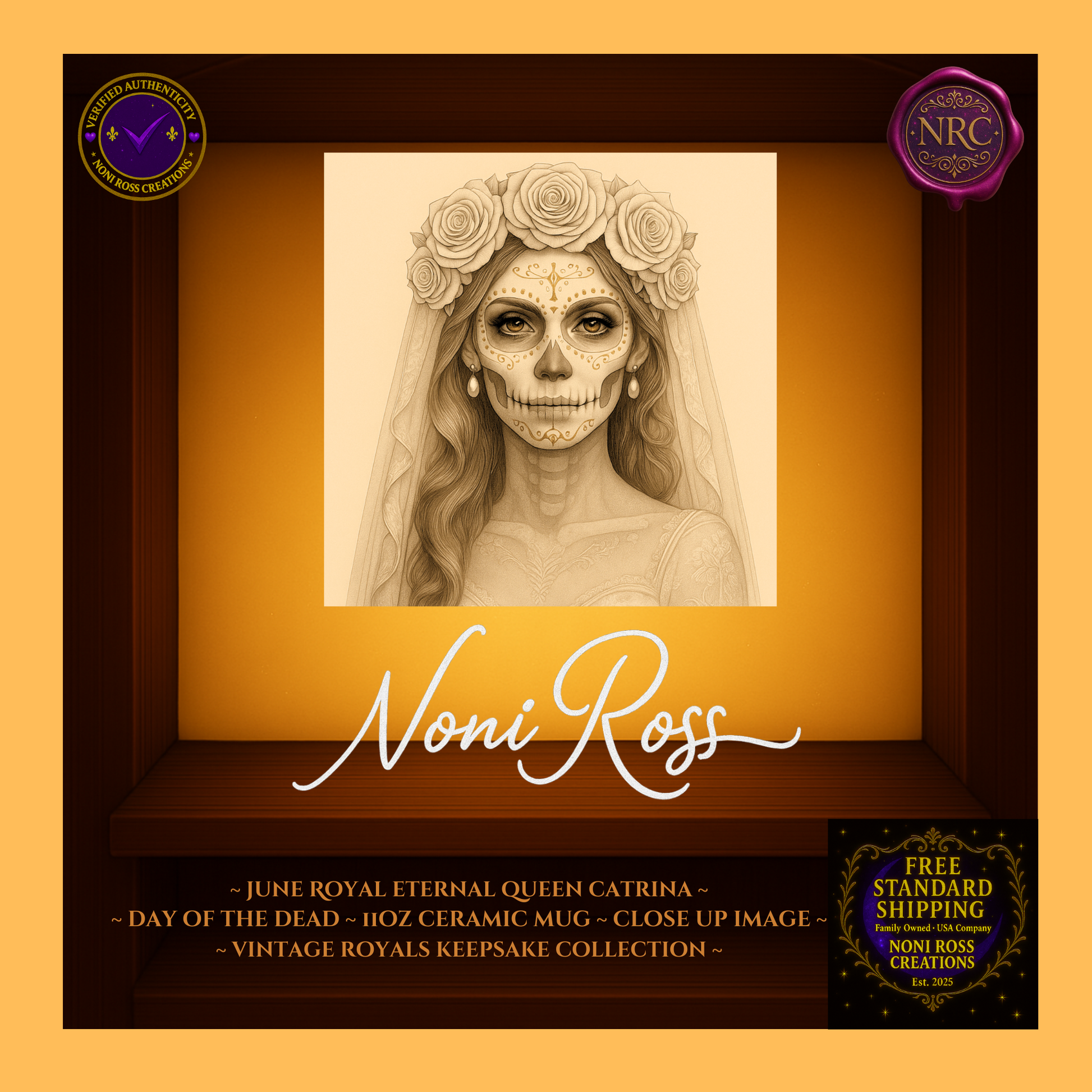 Close-up of June Queen Catrina face with jeweled tiara, silver lace, and golden highlights—vintage royal art