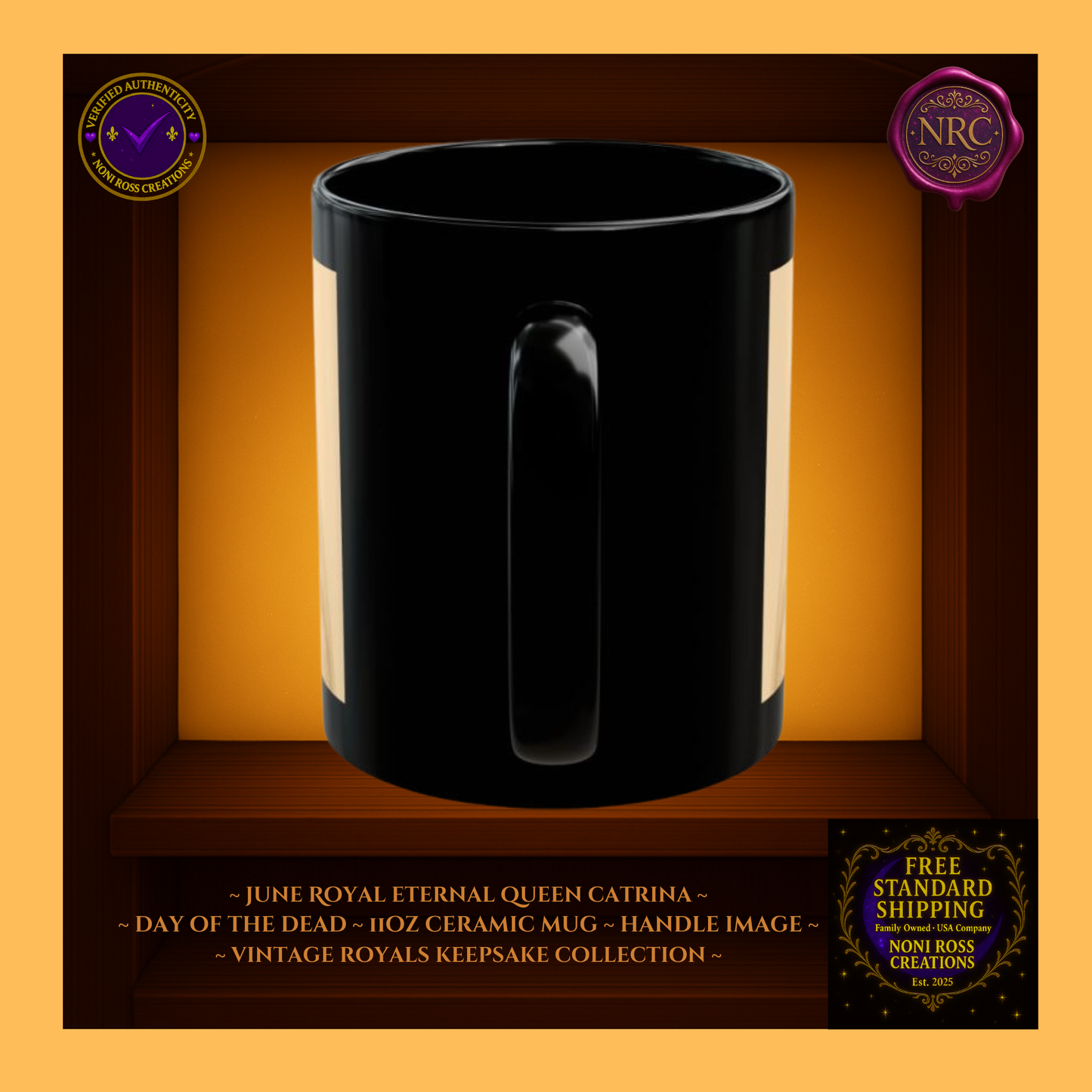 Handle detail—porcelain white interior with silver and gold edge artwork, 11 oz ceramic mug