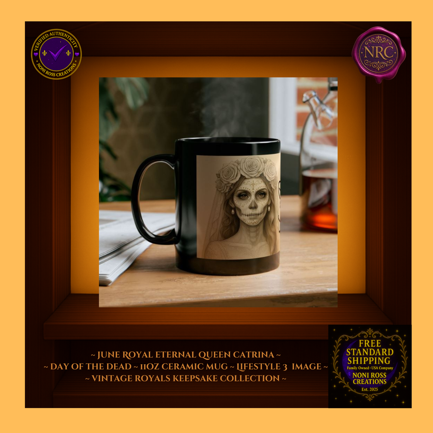 Collector display—June Queen Catrina Mug with matching King Catrin Mug | 🩵 NoniRossCreations.com