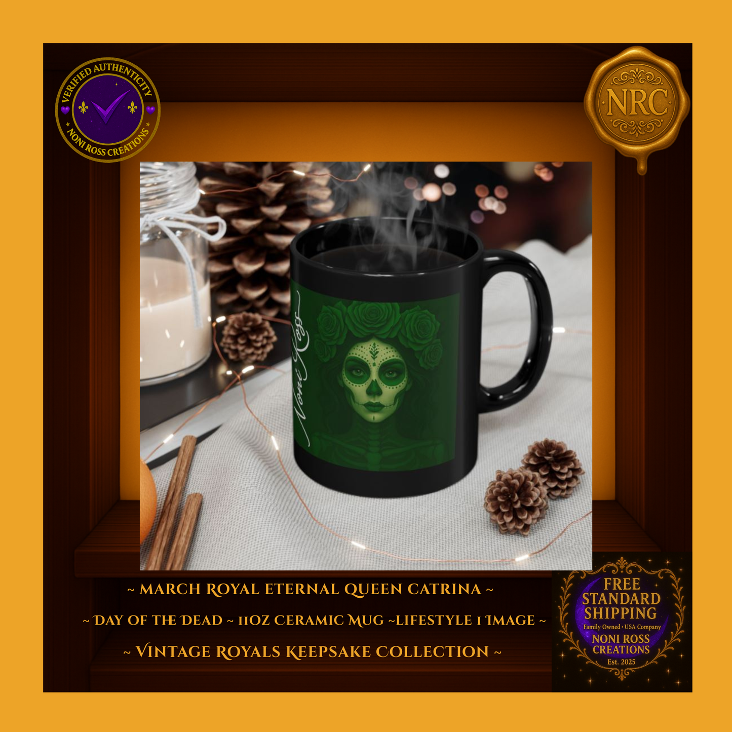 March Catrina Mug beside shamrock clovers and glowing candles – emerald gothic charm | Noni Ross Creations