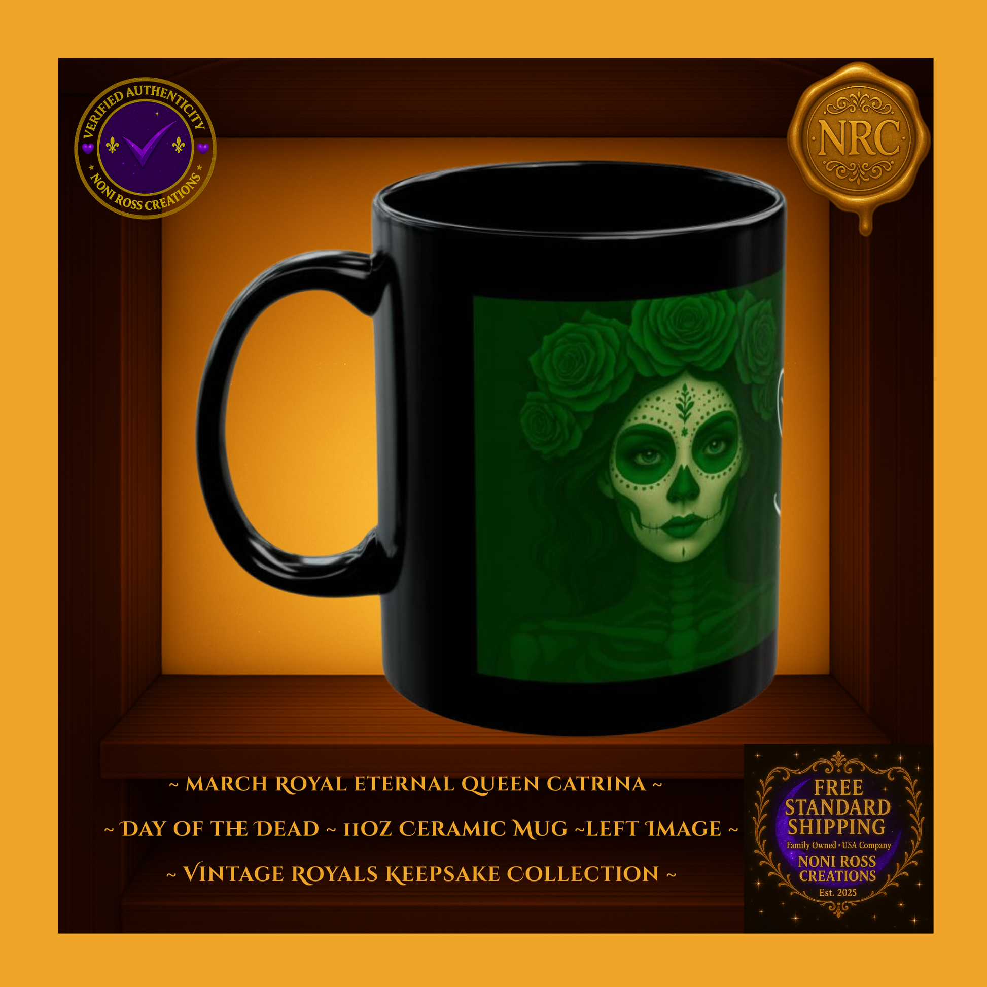 Left side of March Catrina Mug displaying jade floral crown and shadowed green background | Noni Ross Creations