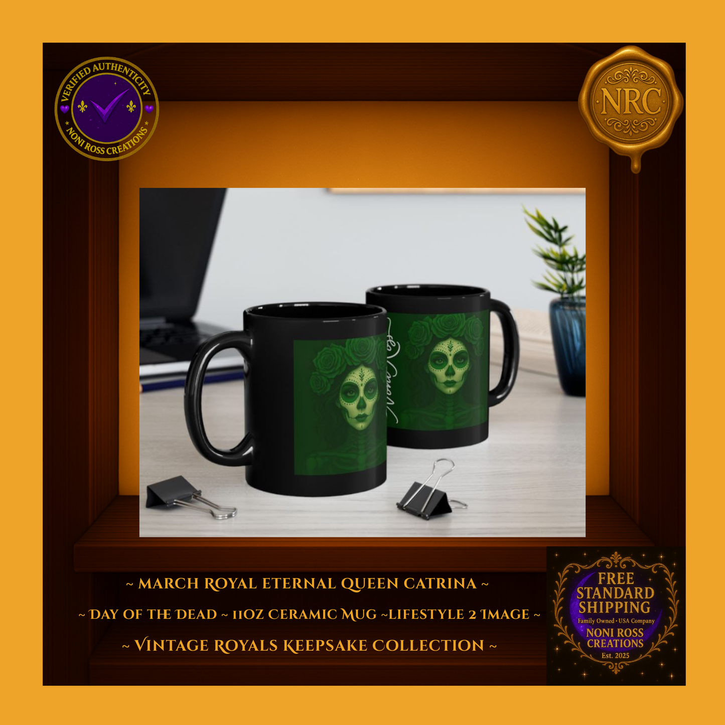 March Catrina Mug on green velvet with roses and gold coins – St. Patrick’s inspired | Noni Ross Creations