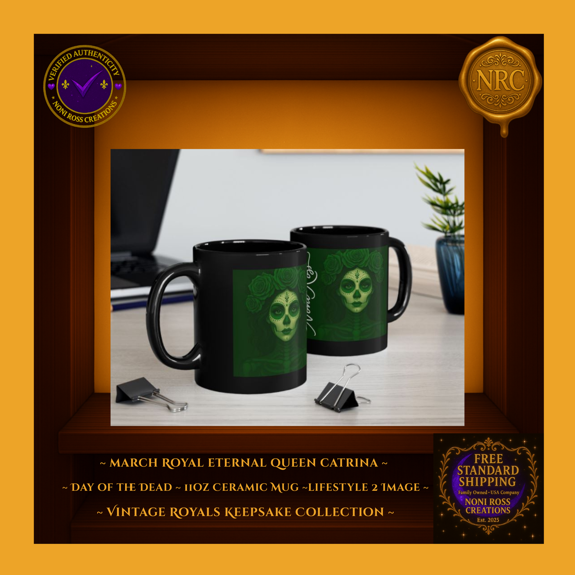 March Catrina Mug on green velvet with roses and gold coins – St. Patrick’s inspired | Noni Ross Creations