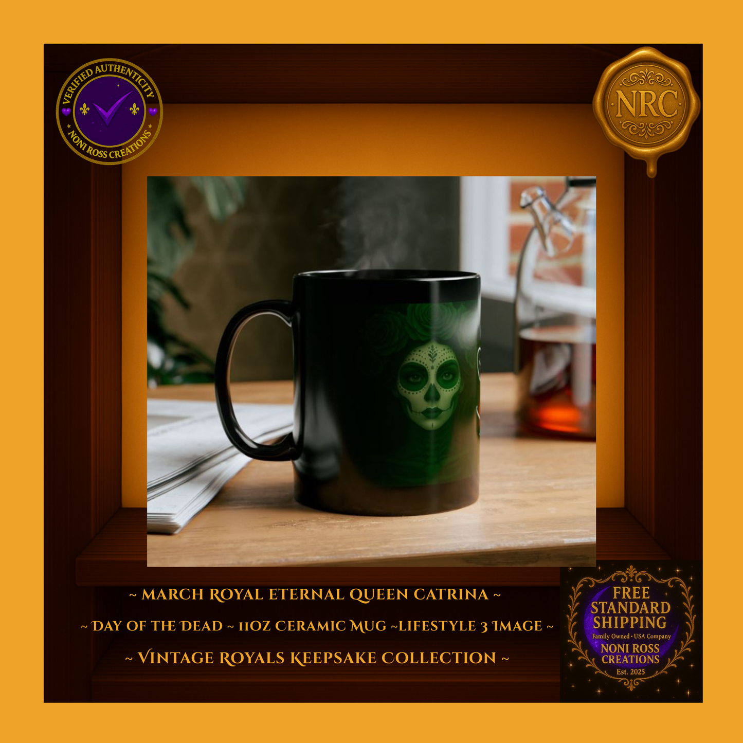 March Catrina and Catrin Mugs together in emerald tones – regal couple display | Noni Ross Creations