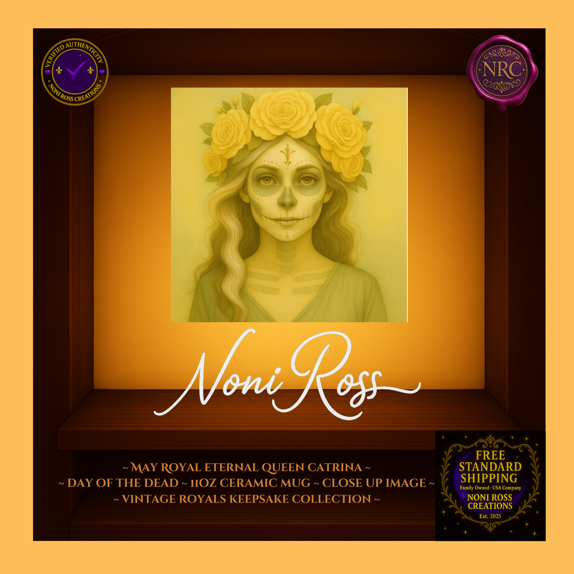 Close-up of May Queen Catrina face with jeweled crown and blush pink gown under candlelight gold highlights