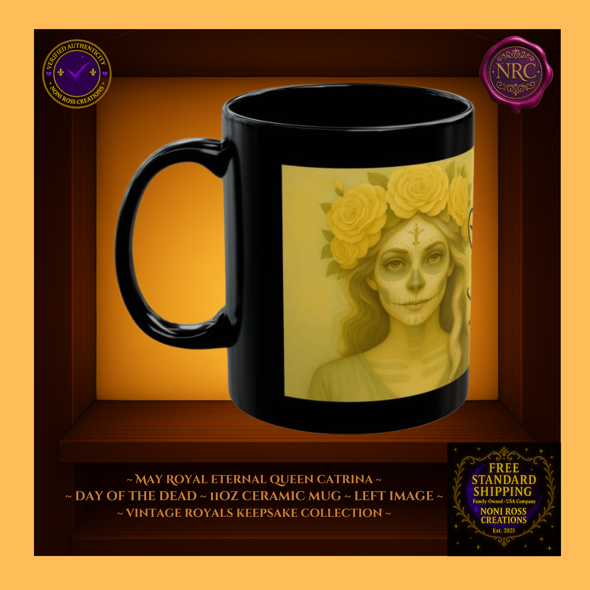 Left side—May Eternal Queen Catrina Mug showing gold lace trim and rose gown, 11 oz ceramic mug