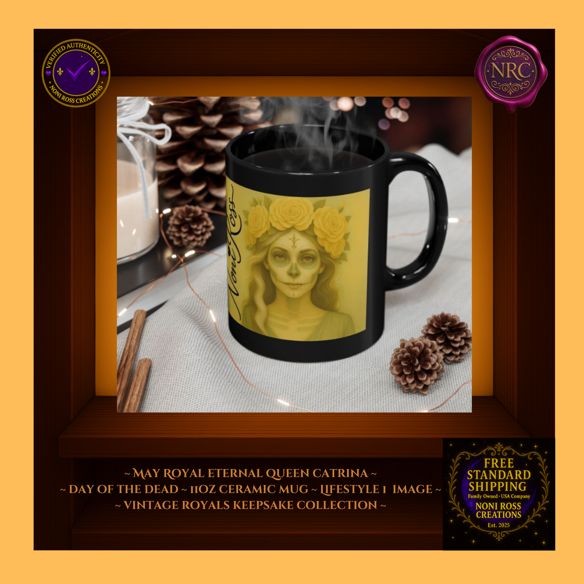 May Queen Catrina Mug beside roses and jewelry—royal feminine ritual | 💖 Noni Ross Creations