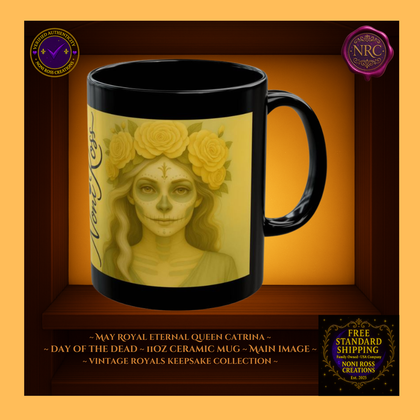 May Eternal Queen Catrina Mug 11 oz in blush rose and antique gold | 💖 Noni Ross Creations