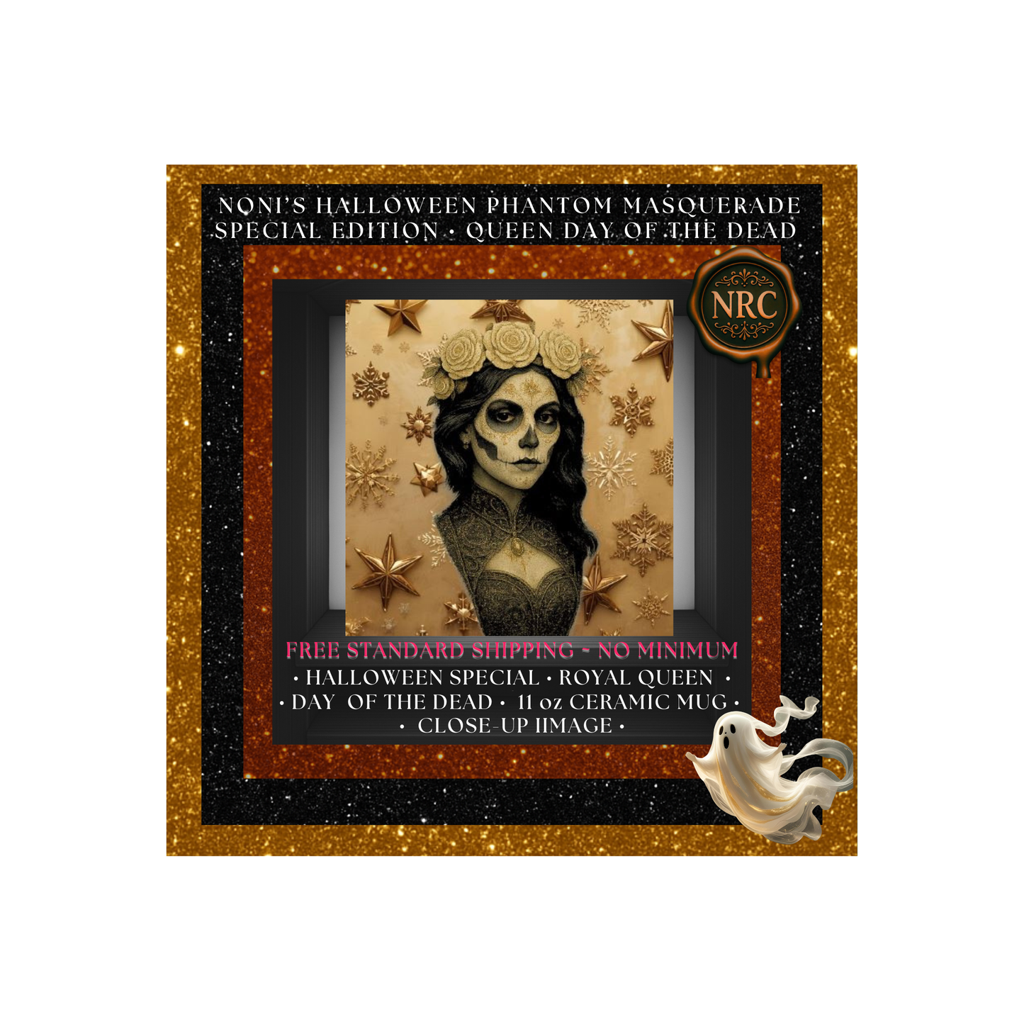 Macro close-up of Catrina skull portrait—fine linework, floral details, and crown elements on the mug surface.