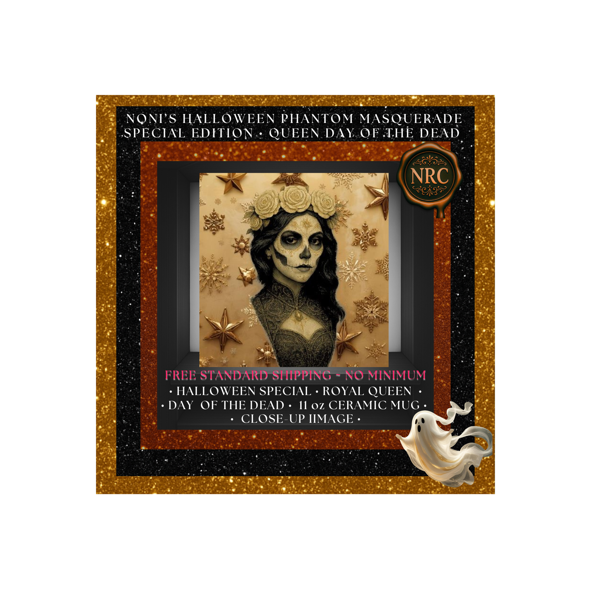 Macro close-up of Catrina skull portrait—fine linework, floral details, and crown elements on the mug surface.