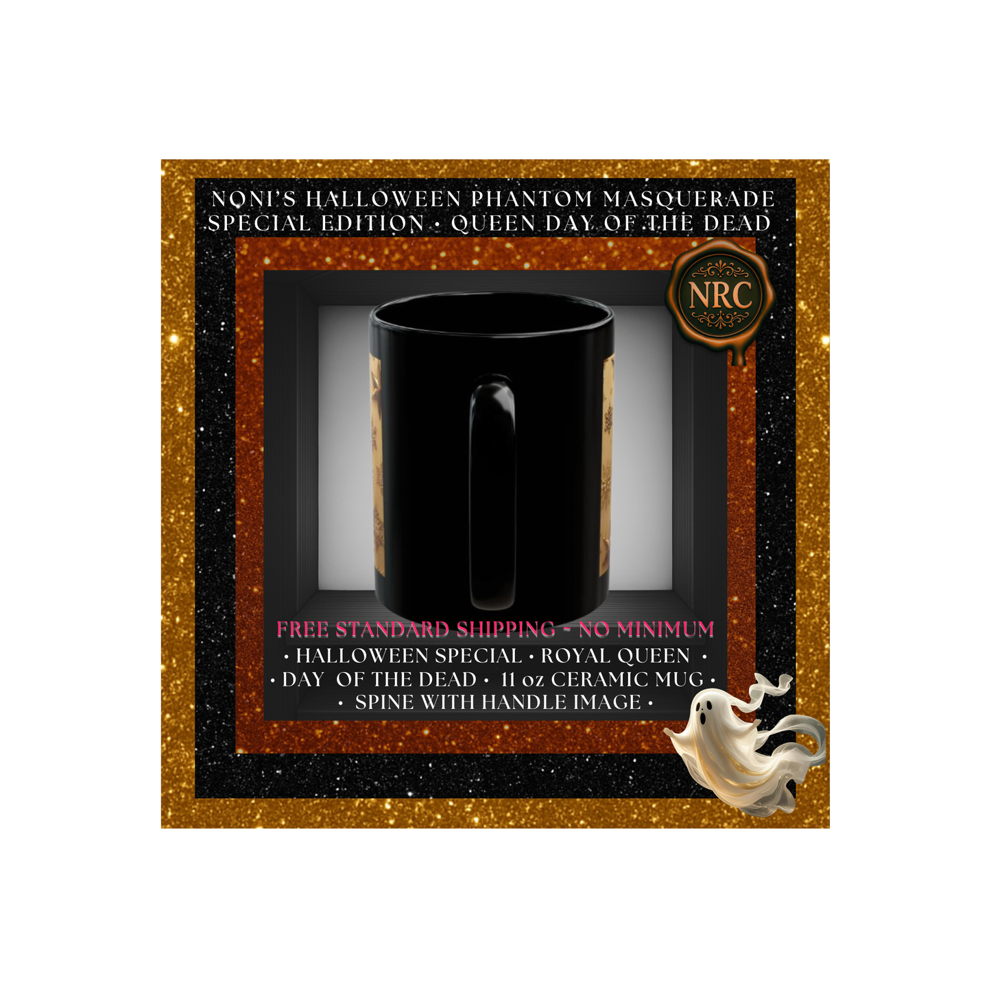 Close-up of black handle on Catrina Day of the Dead 11oz ceramic mug by Noni Ross Creations.