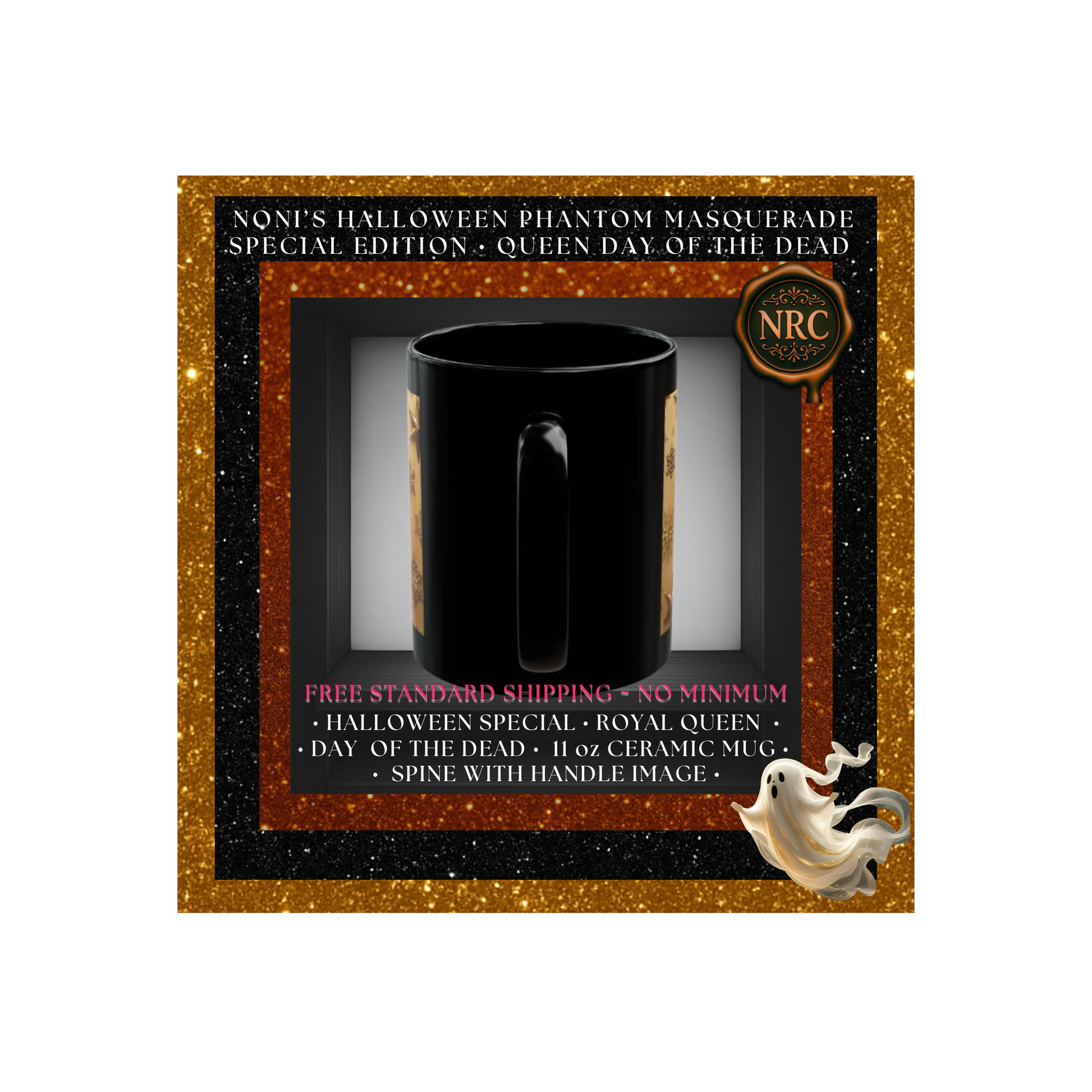 Close-up of black handle on Catrina Day of the Dead 11oz ceramic mug by Noni Ross Creations.