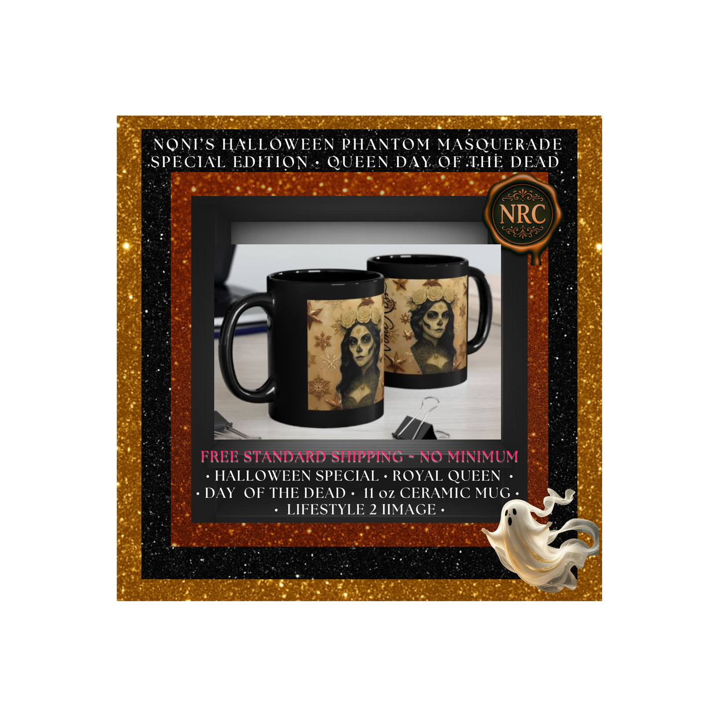 Cozy tabletop scene featuring the Catrina Royal Queen mug—steam rising, autumn accents, artist-designed.