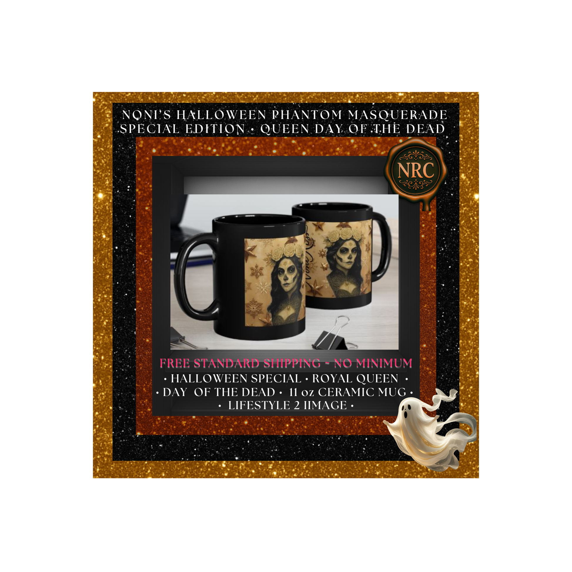 Cozy tabletop scene featuring the Catrina Royal Queen mug—steam rising, autumn accents, artist-designed.