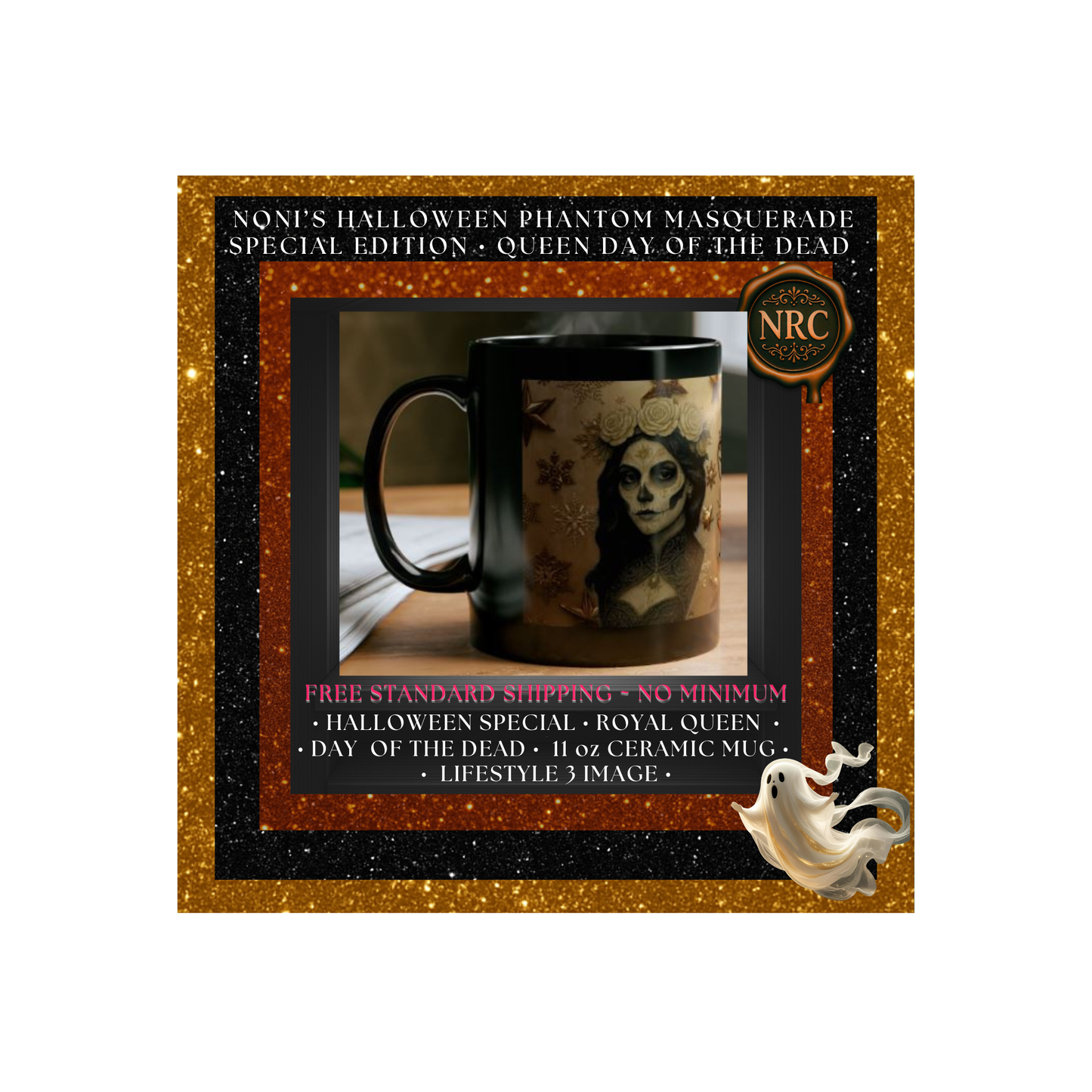 Gift-ready vignette with Catrina Day of the Dead 11oz mug—vintage gothic aesthetic by Noni Ross Creations.