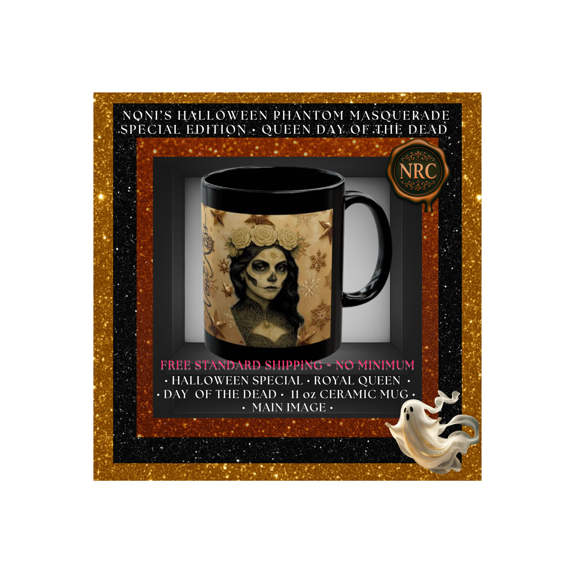Eternal Day of the Dead Royal Queen Catrina mug by Noni Ross Creations, 11oz black ceramic with elegant skull portrait.