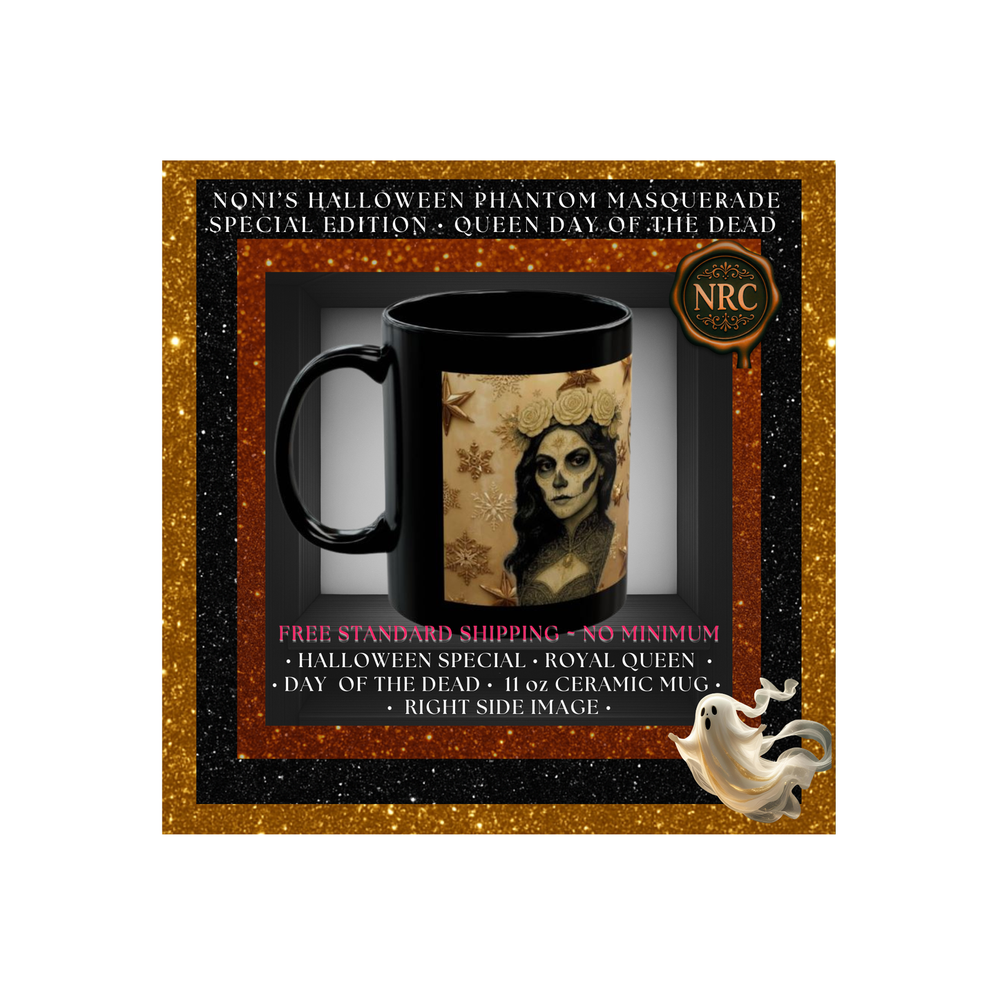 Right-side view of Catrina Royal Queen mug, detailed gothic skull artwork on 11oz black ceramic coffee cup.