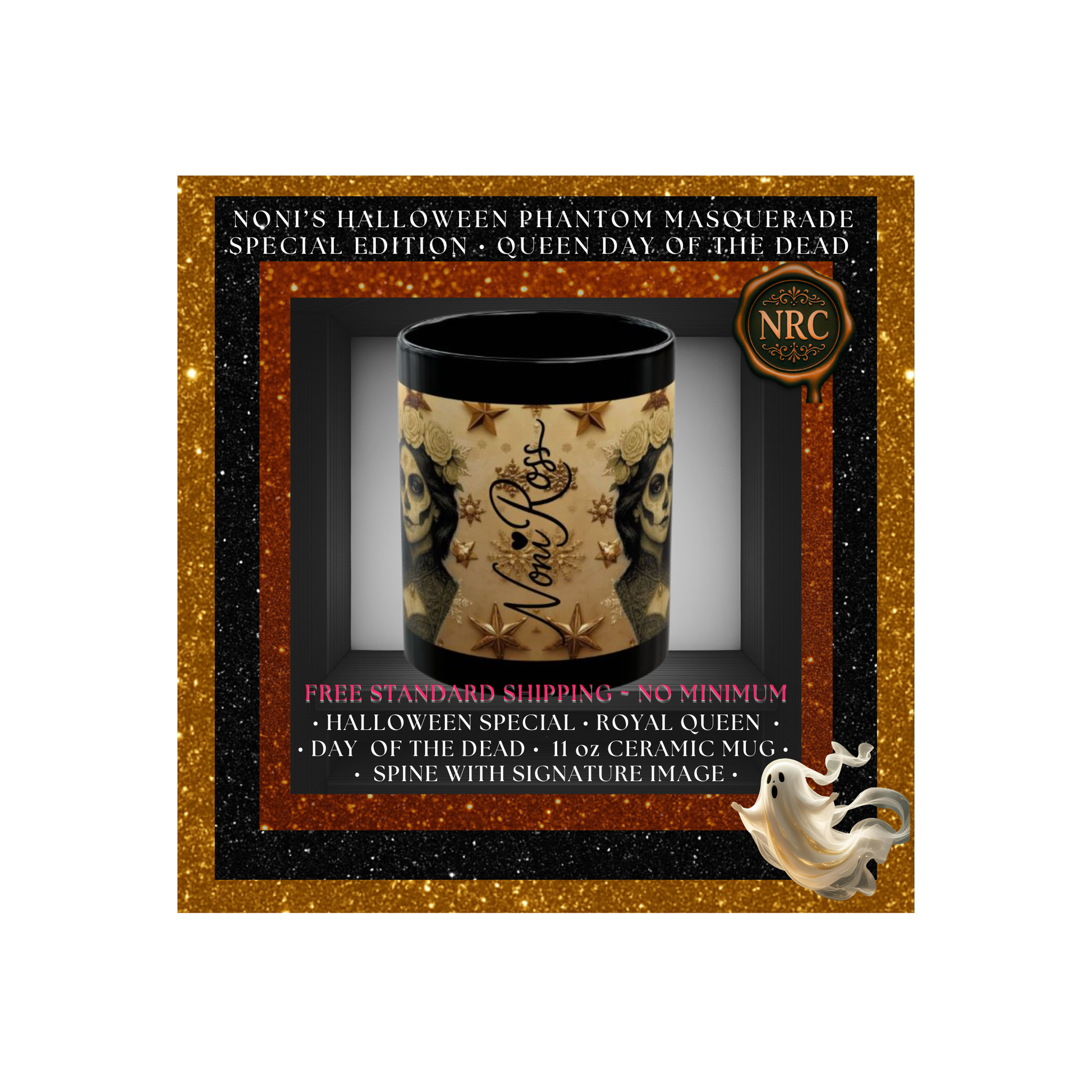 Noni Ross Creations signature branding on Catrina Royal Queen mug near the spine seam.