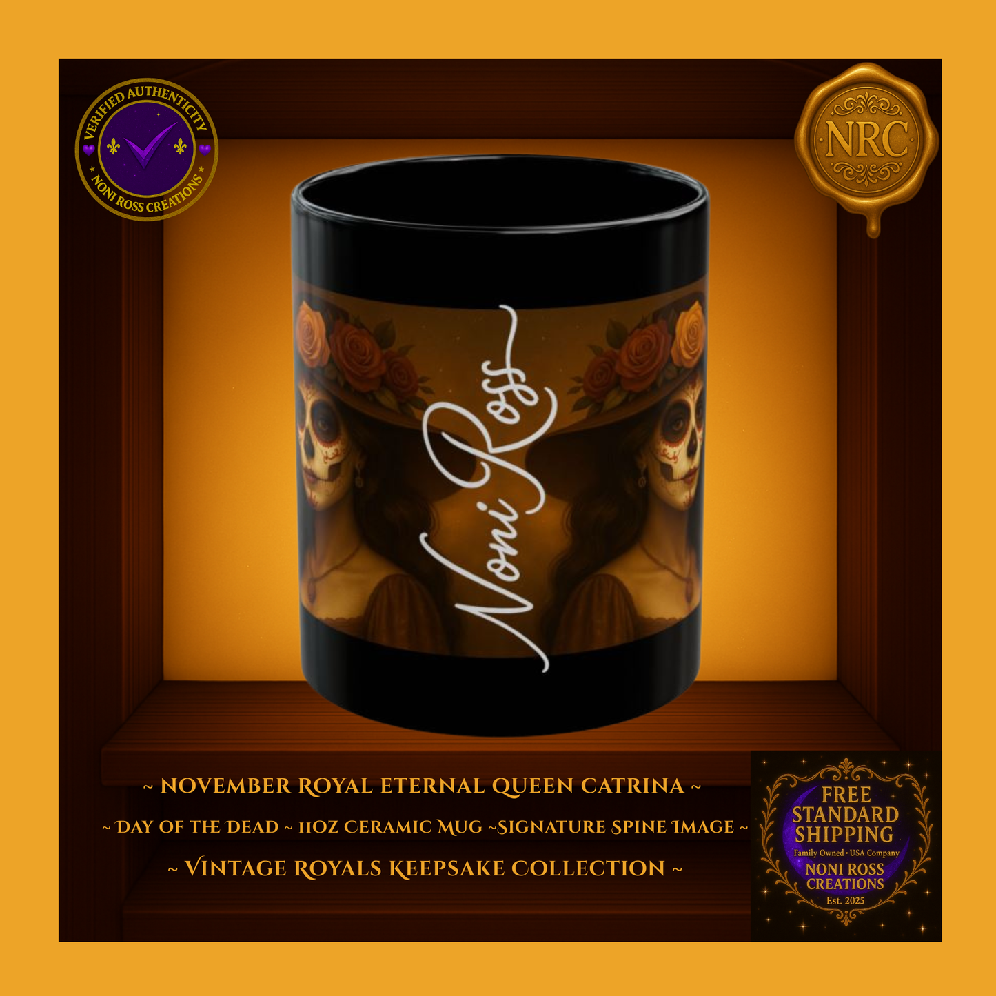 Side profile of November Catrina Mug featuring artist signature ‘Noni Ross’ along the artwork spine | Vintage Royals Keepsake Collection