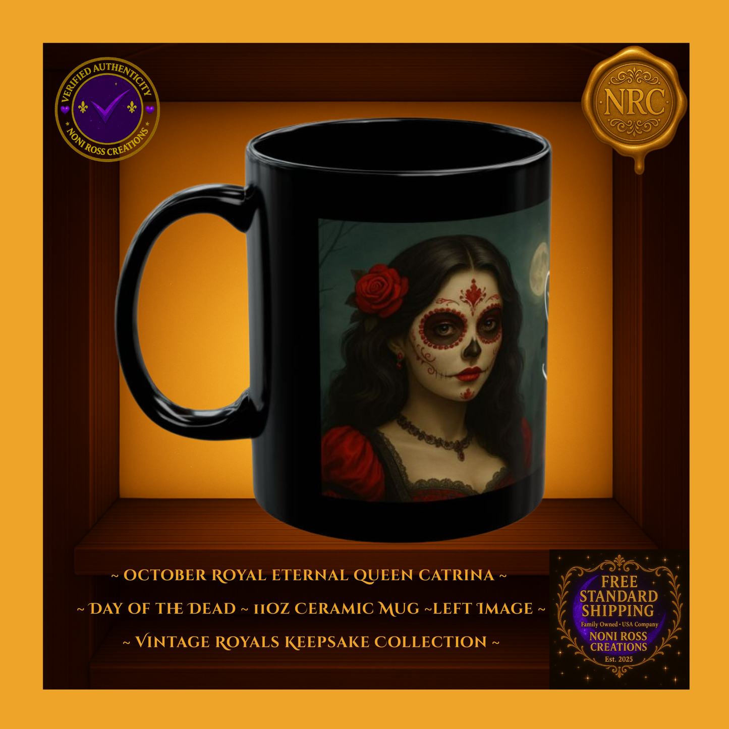 Left side of October Catrina Mug showing wraparound moon, graveyard silhouettes, and rich red accents | Noni Ross Creations